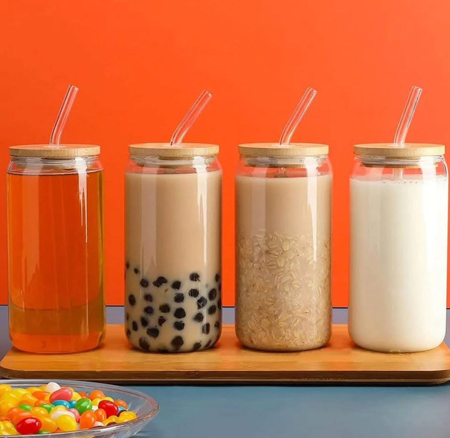 500ml Glass Cup With Lid and Straw Transparent  image
