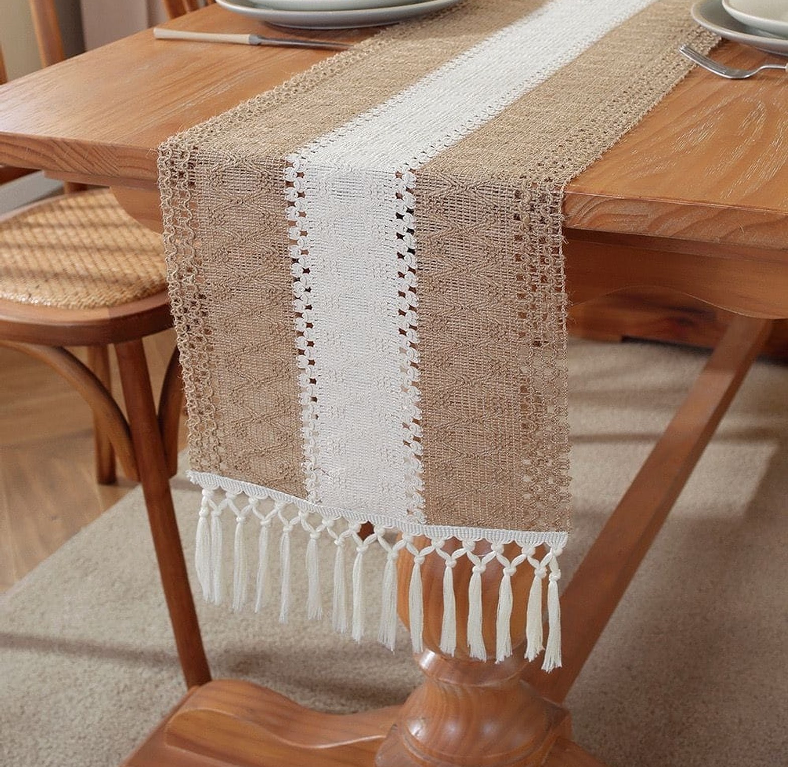 Tassels Bohemian Style Table Runner Farmhouse Linen Table Tablecloth image
