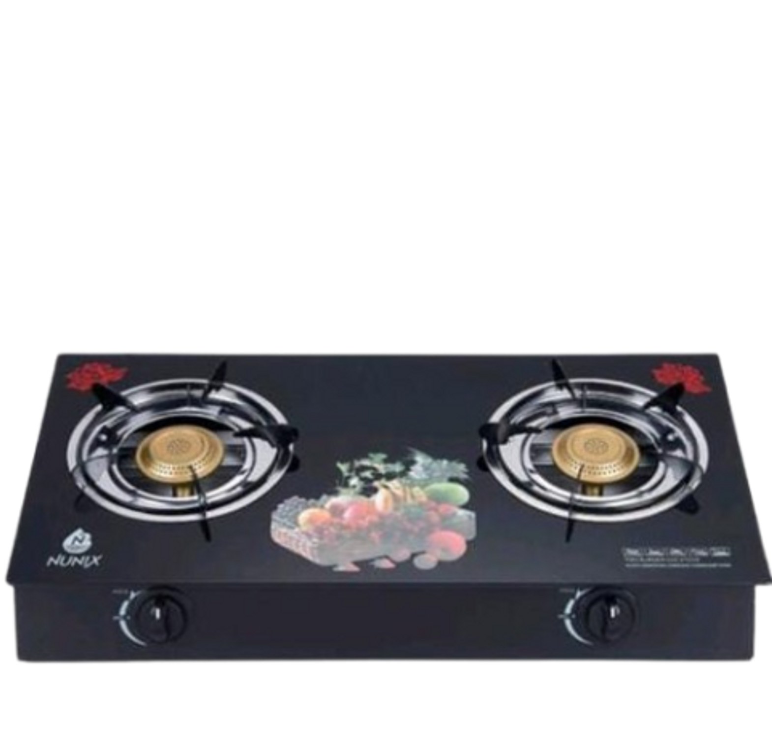 TWO BURNER COOKTOP. Nunix GC-004 Double Burner Glass Top Gas Cooker - Portable Table Top Gas Stove For Kitchen Use image