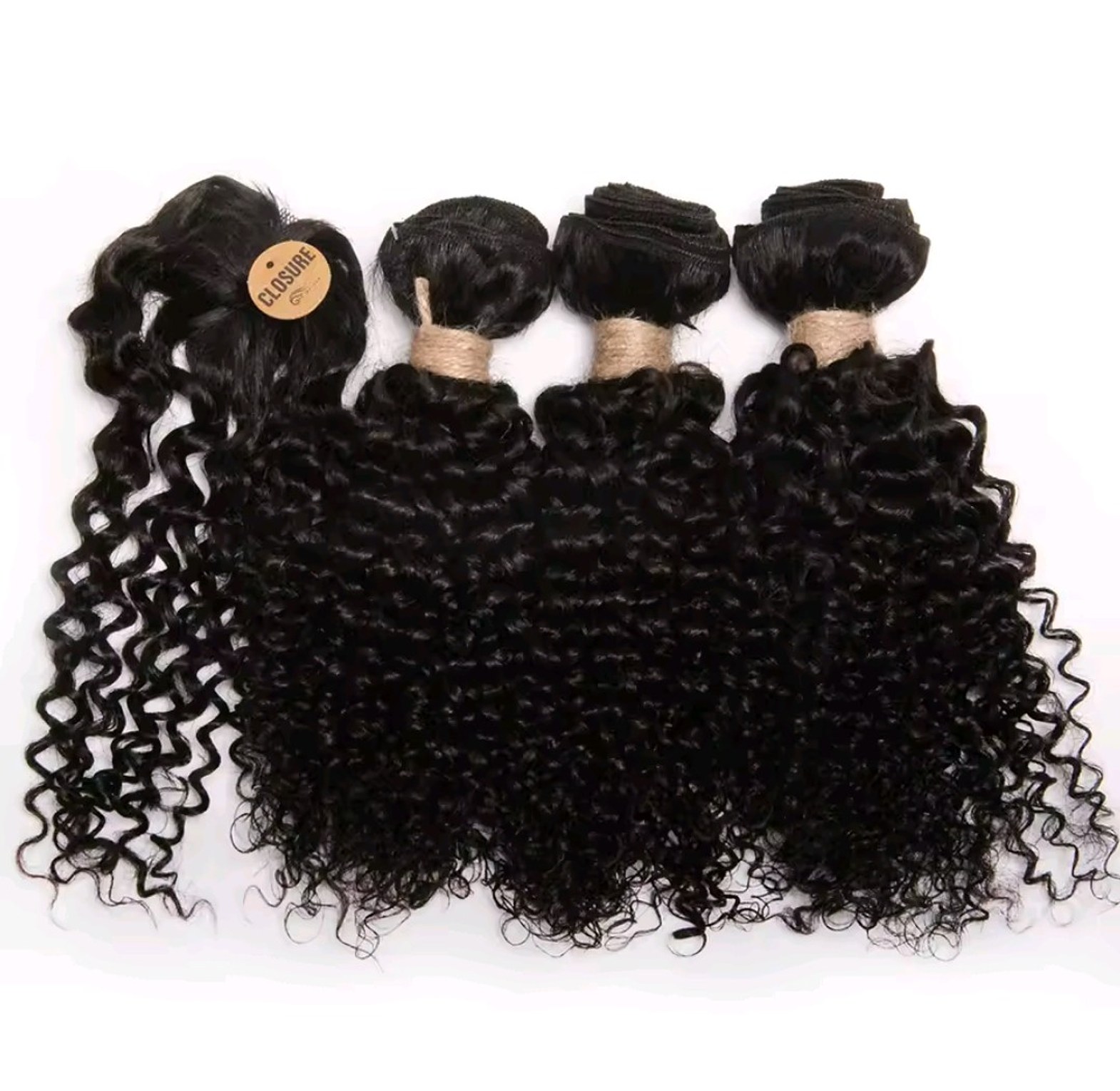 Natural Black Kinky curl human hair weave bundles with closure. 3 bundles 12 inches each and closure image