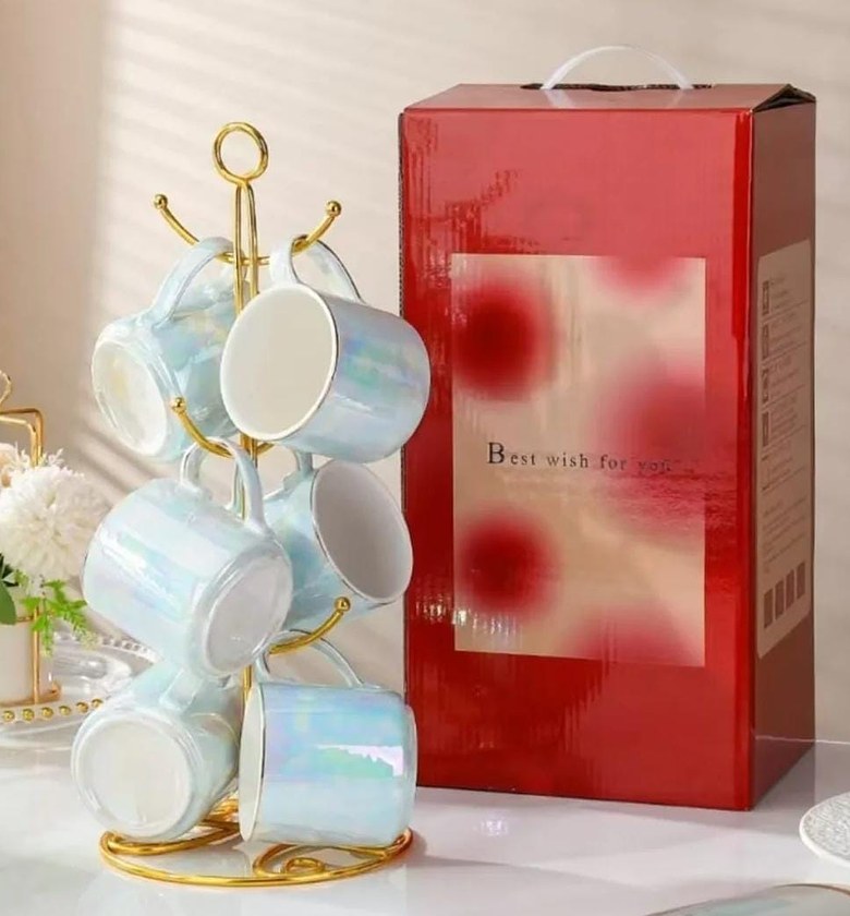 Gold rimmed ceramic mugs with gold stand 6pcs image