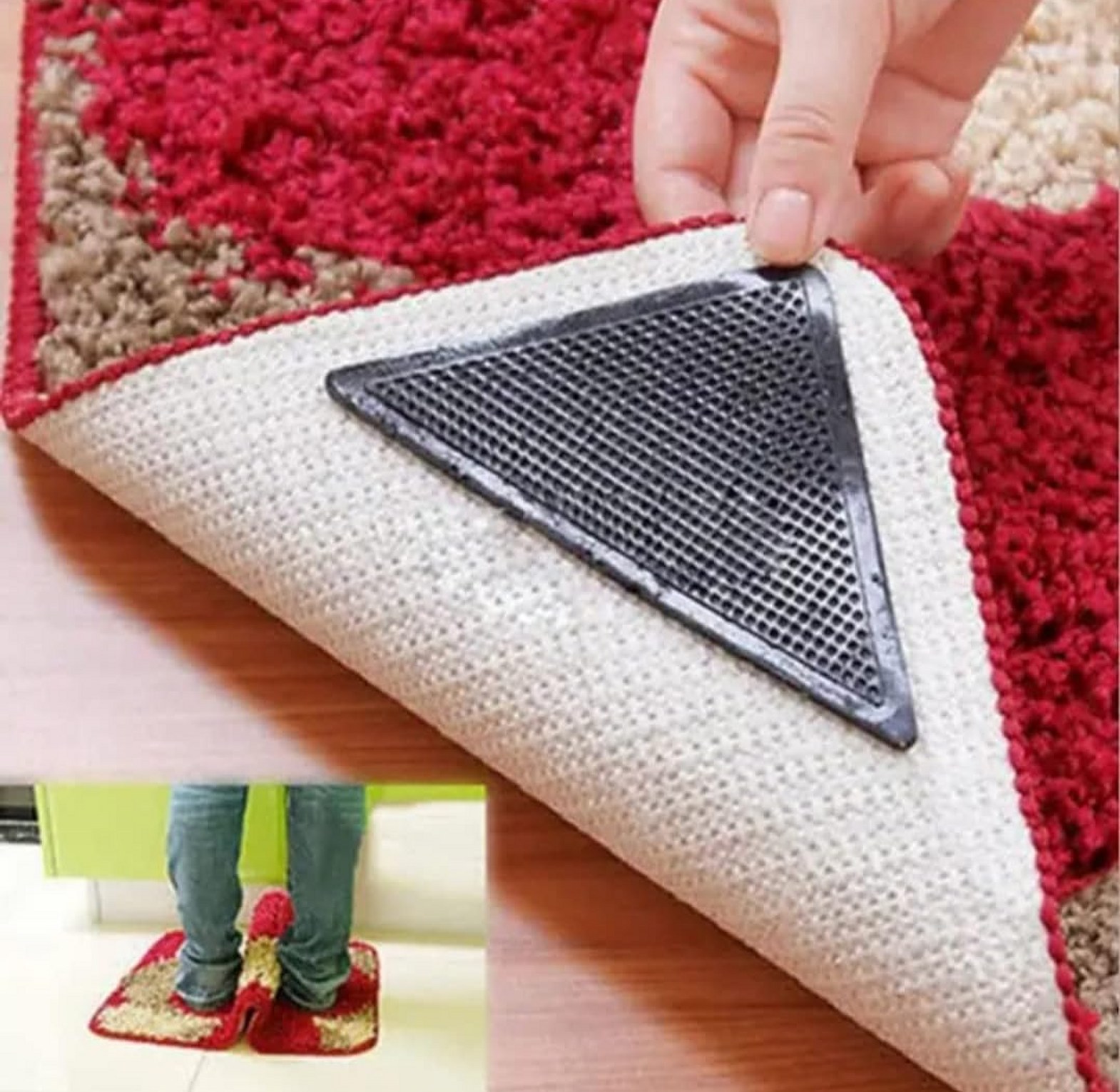 4Pcs Universal Anti-Slip Rug Grippers & Anti-Curling Carpet Corner Pads - Heavy Duty Reusable Silicone Grips for Tiles & Hardwood Floors image