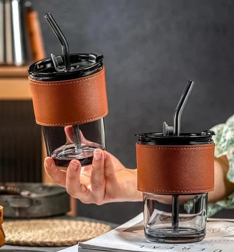 Modern 300ml Glass Coffee Mug with Leather Sleeve and Straw - Stylish Deskware for Home & Office image