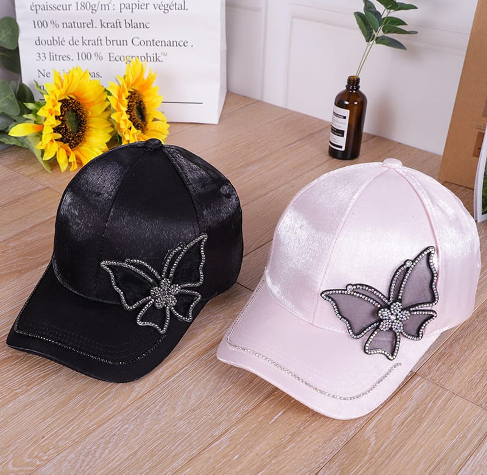 Women’s Silk Satin Rhinestone Butterfly Baseball Cap image