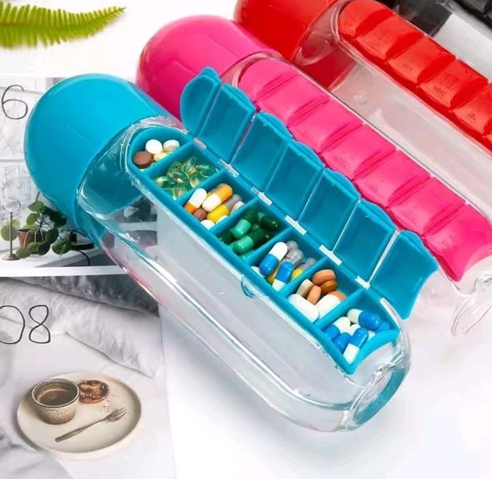 600ml Bottle With 7 Grid Pill or Medicine Box and Organizer image