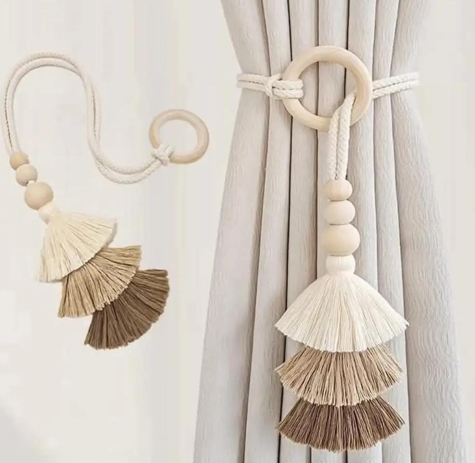 2pcs tassel curtain tie backs with wooden beads image