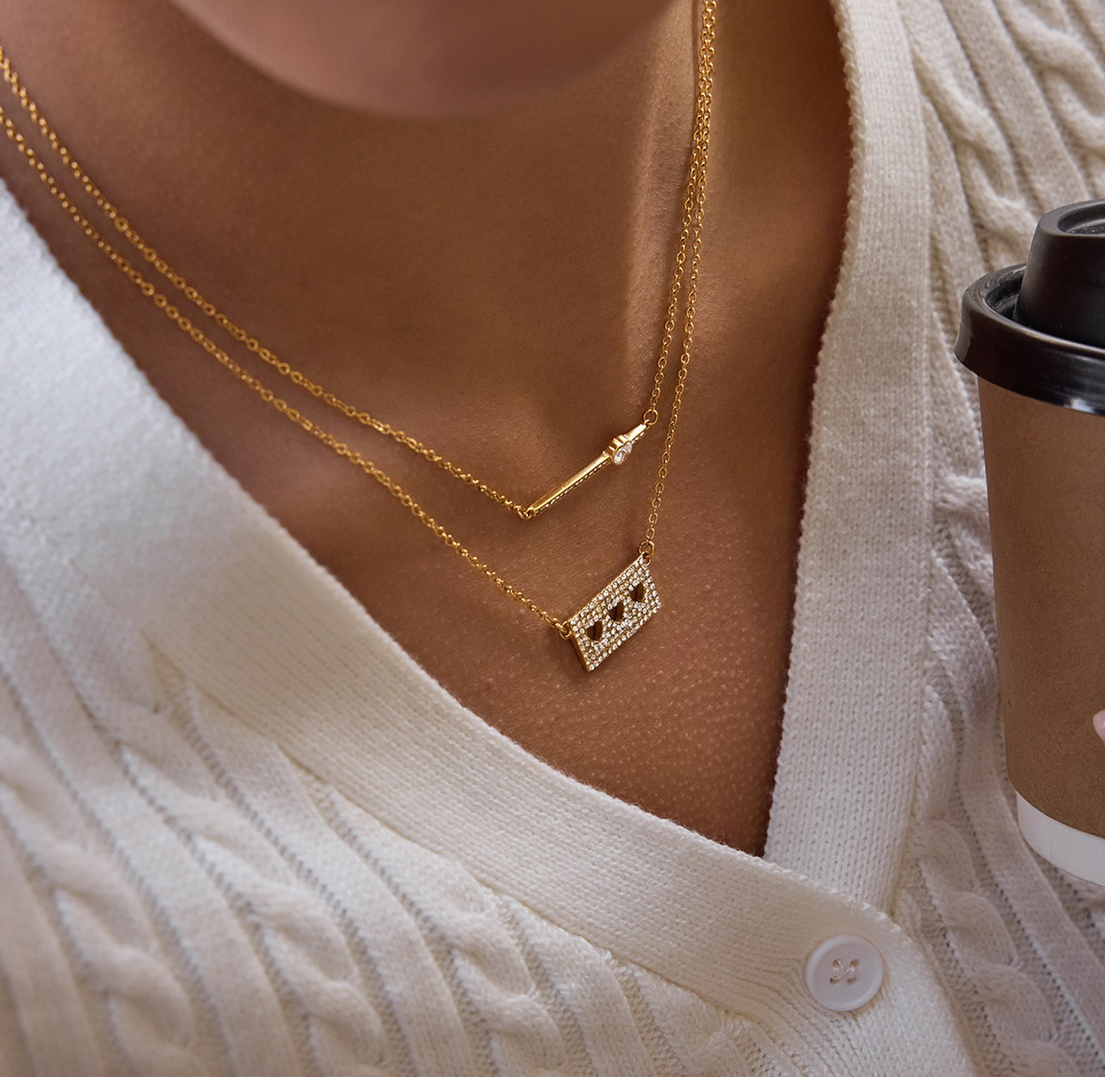 Dainty gold bar and heart pendant necklace image