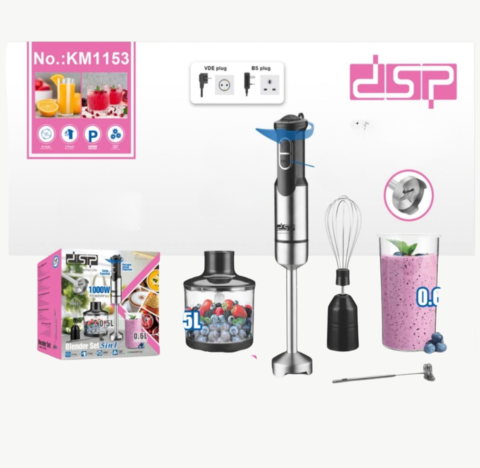 DSP 1000W 5-in-1 Professional Hand Blender Set with Turbo Function and Variable Speed Control image