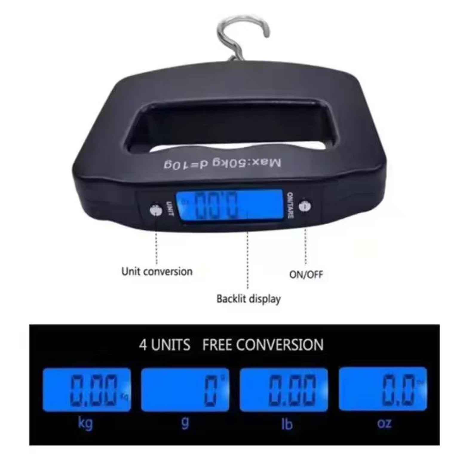 Portable electronic hanging luggage scale with digital display and backlight image