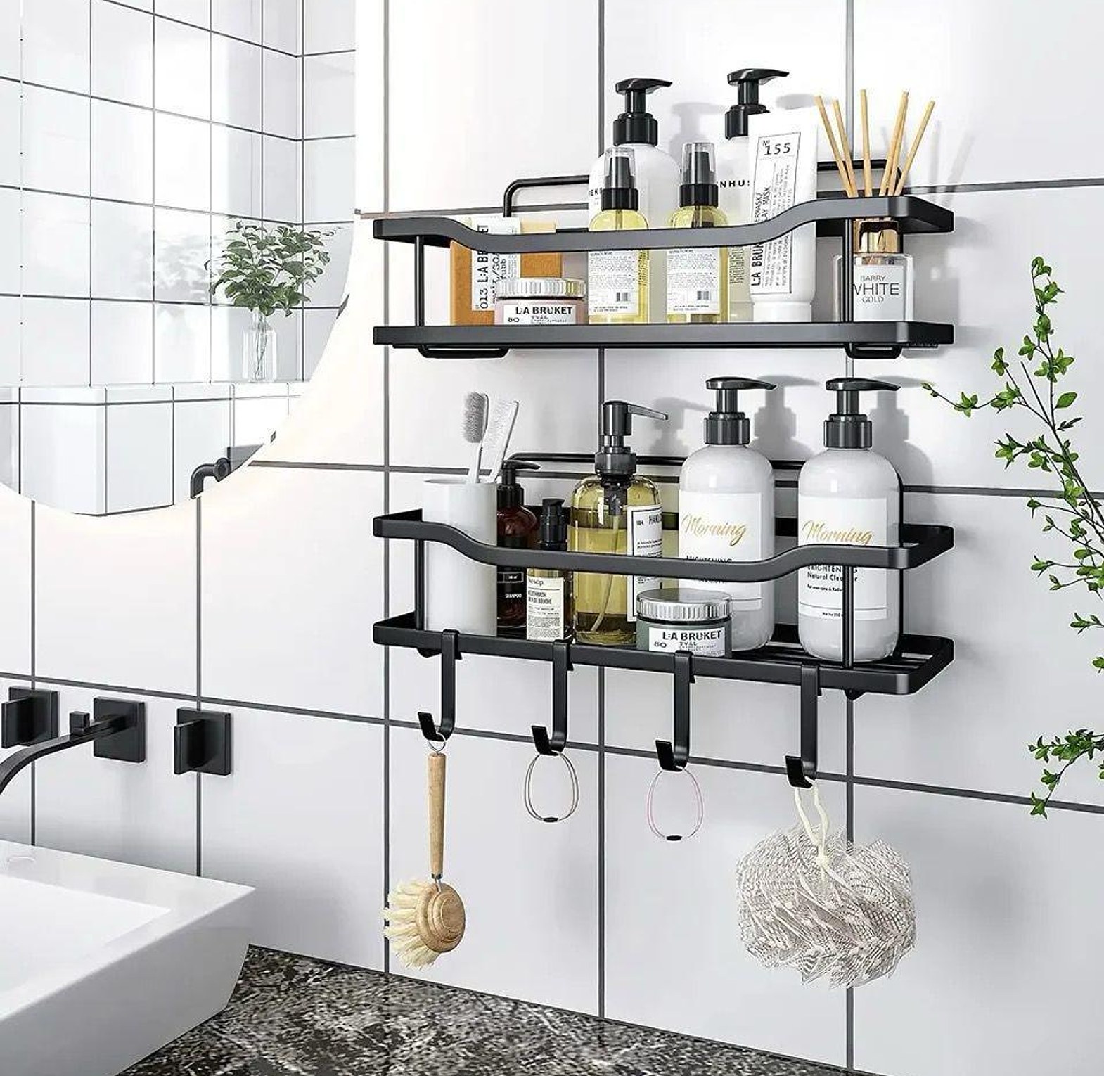 Mystozer black shower caddy with removable hooks image
