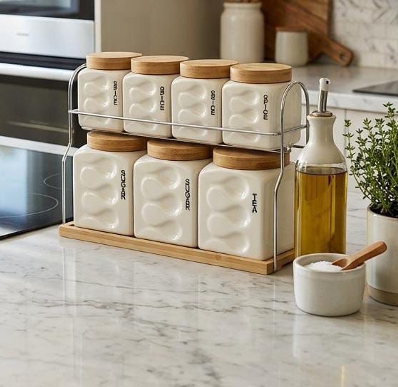Luxury 8-Piece Ceramic Canister Set with Bamboo Lids & Tray image