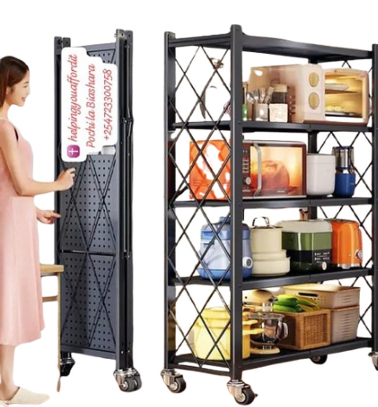 5-Tier Heavy Duty Foldable Metal Rack Storage Shelving Unit With Wheels Moving Easily Organizer Shelves image
