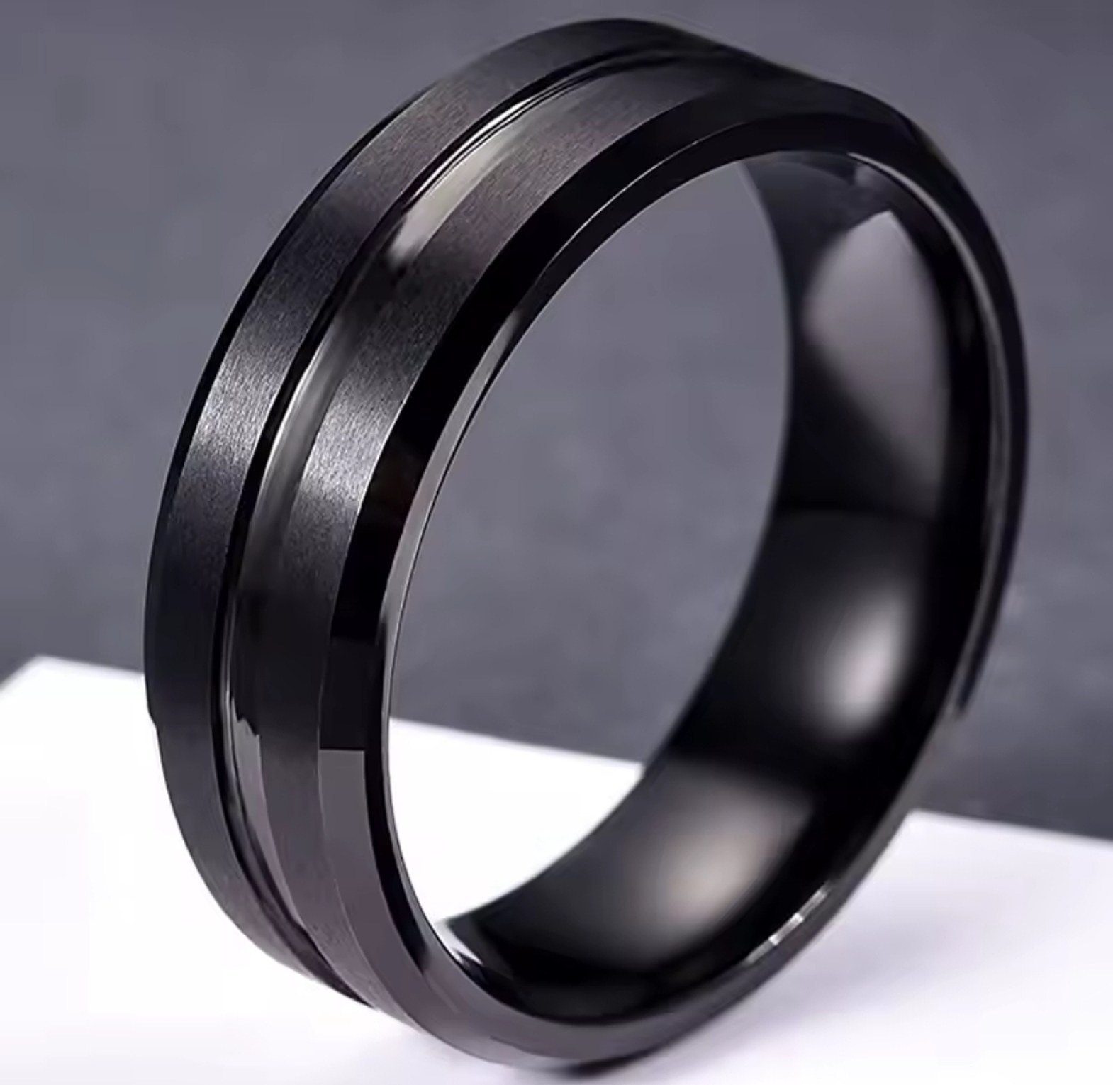 Black Titanium Groove Beveled Edge Men's Ring  image