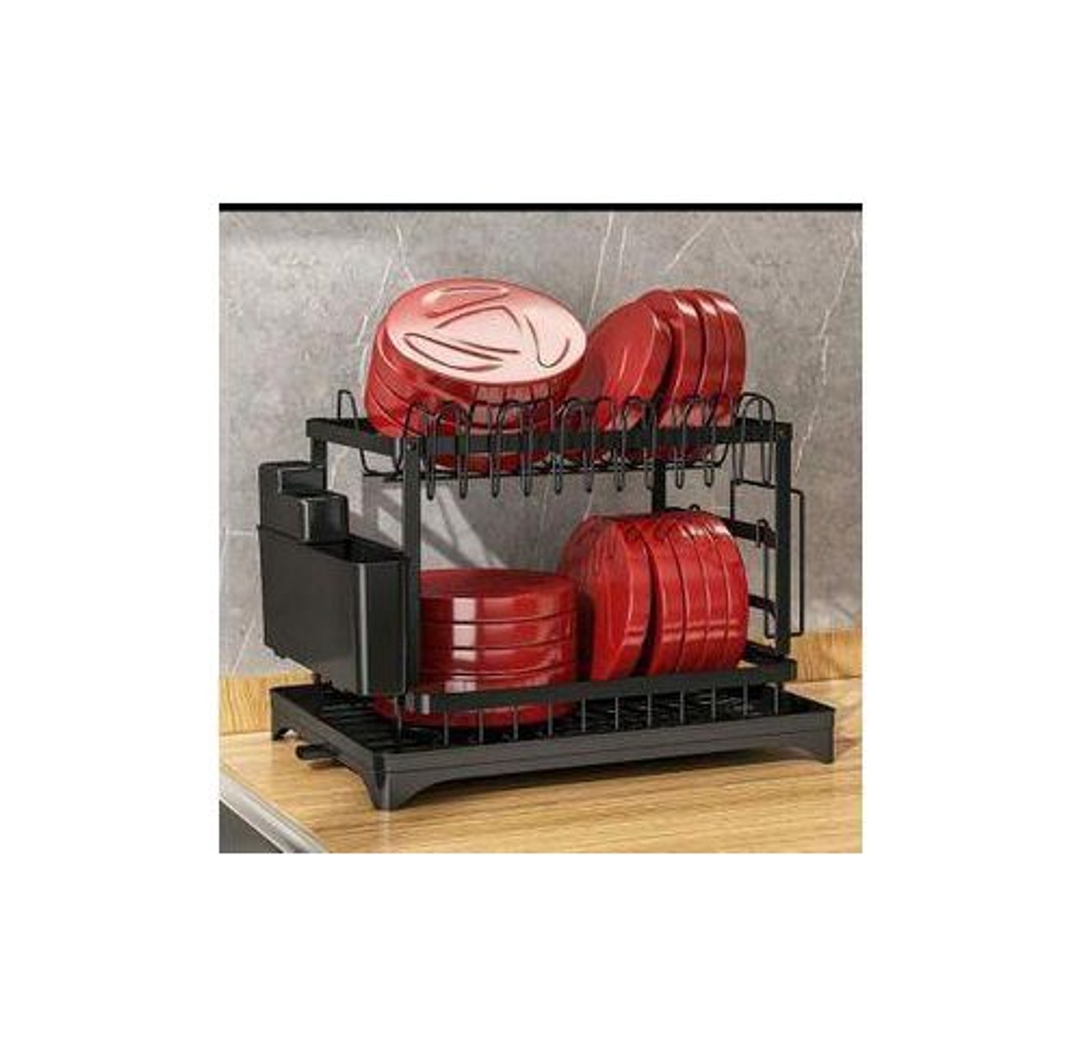 Dish Rack. Advanced 2-Tier Black Dishrack – Large Capacity Dish Drainer with Cup Holder & Utensil Rack image