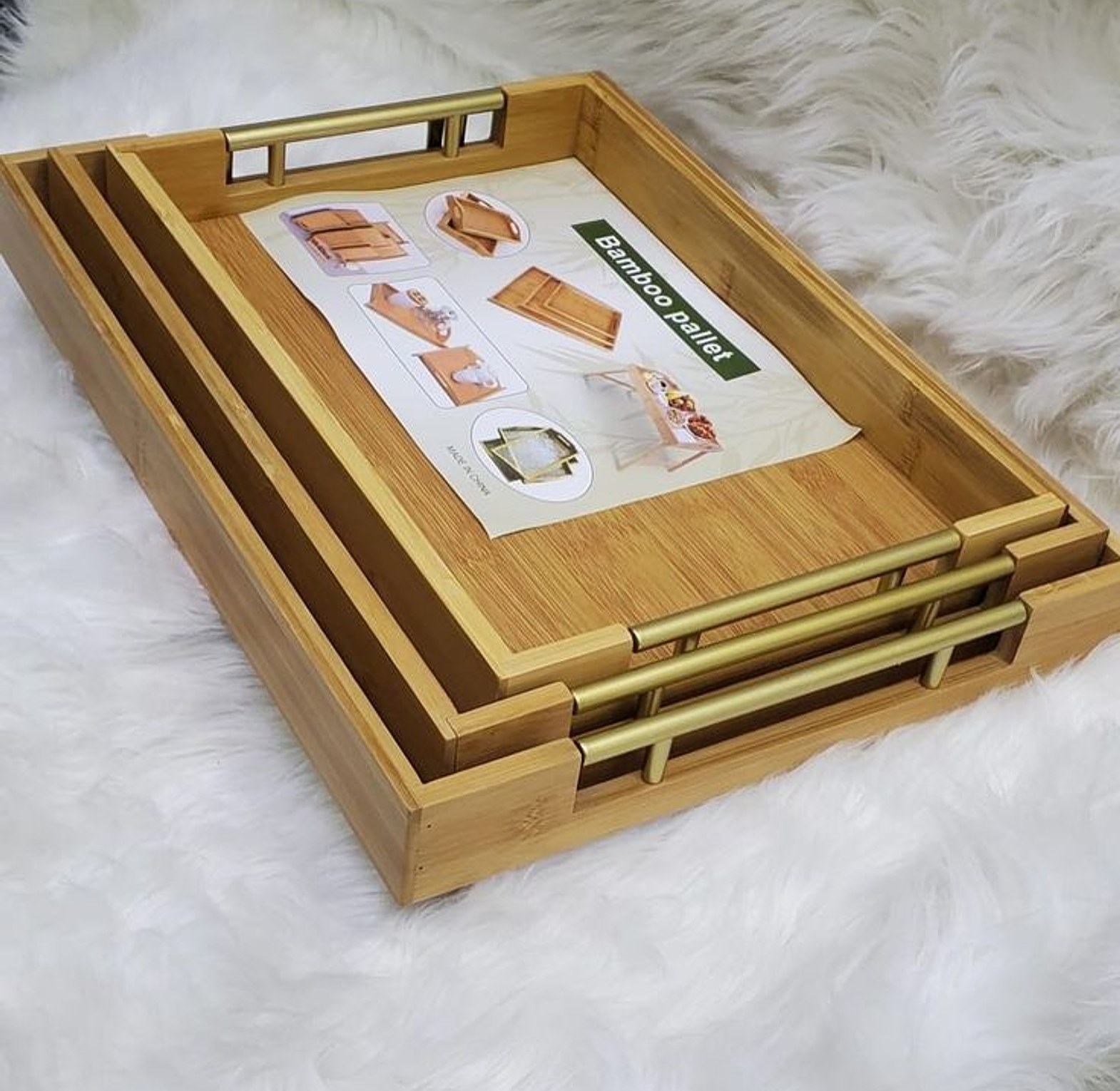 Bamboo Serving Tray Set with Gold Handles image
