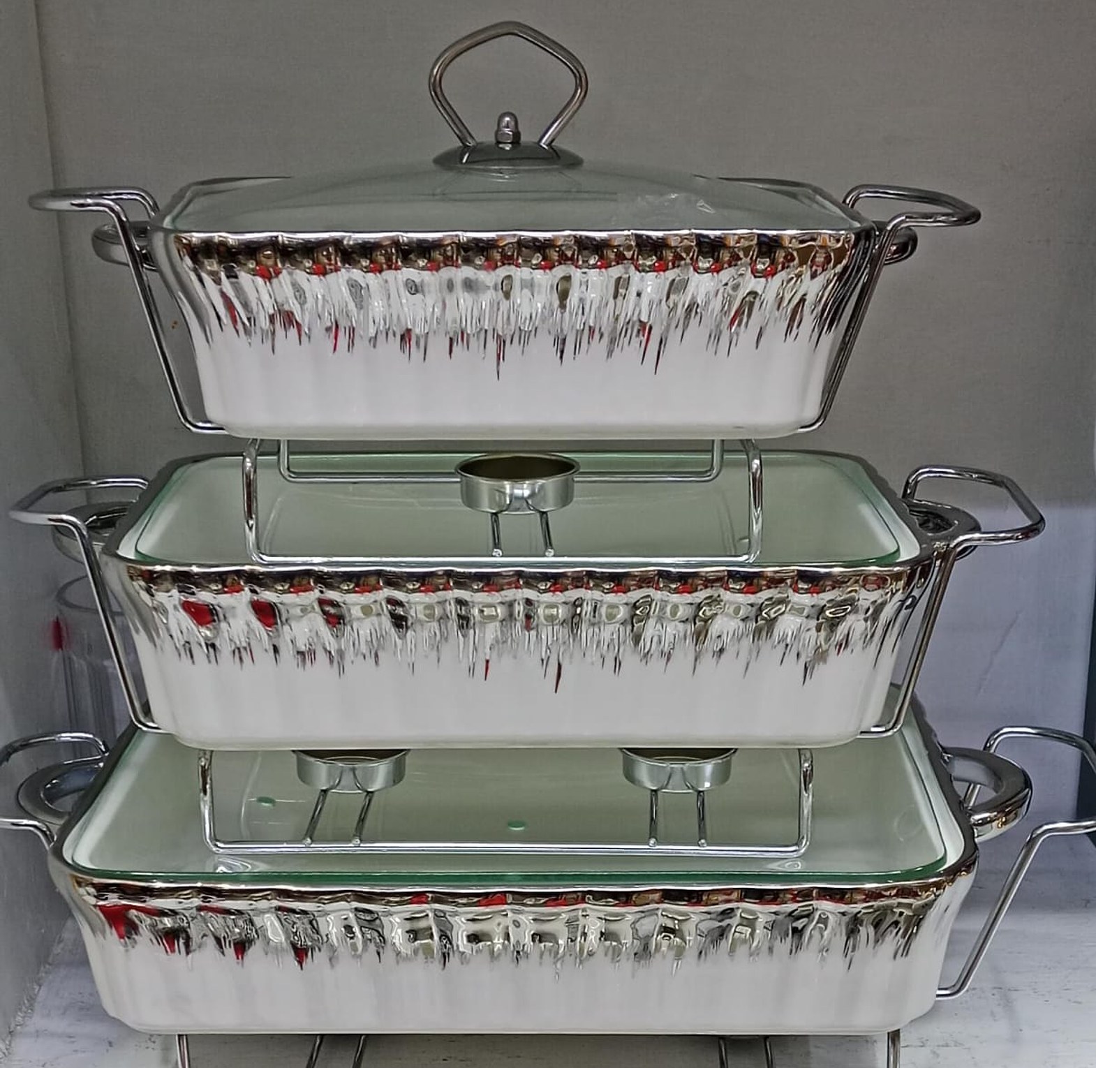 3 Pcs Stylish Serving/Chaffing Dishes With Burner And Lids image