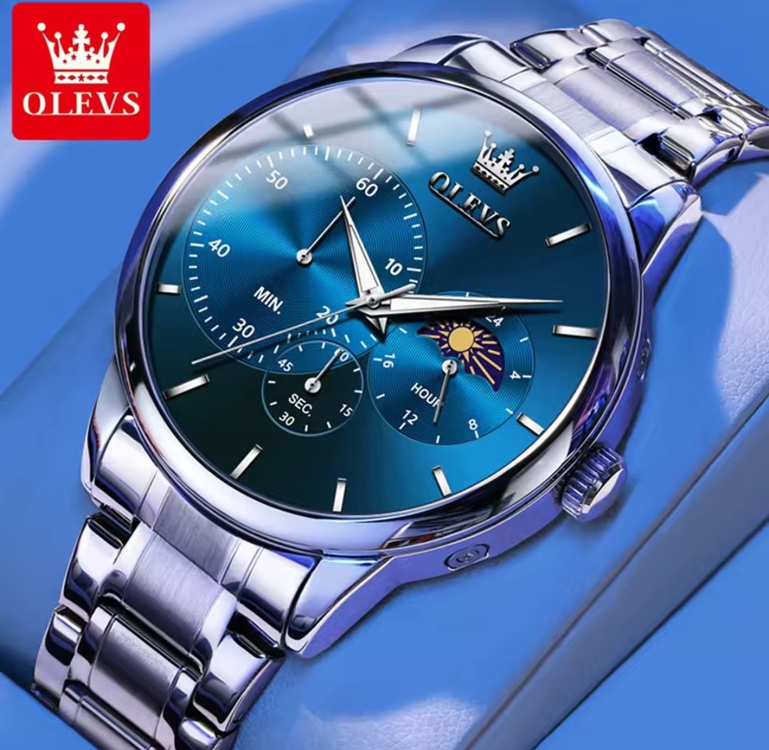 OLEVS Blue Silver Water Resistant Men's Watch  image