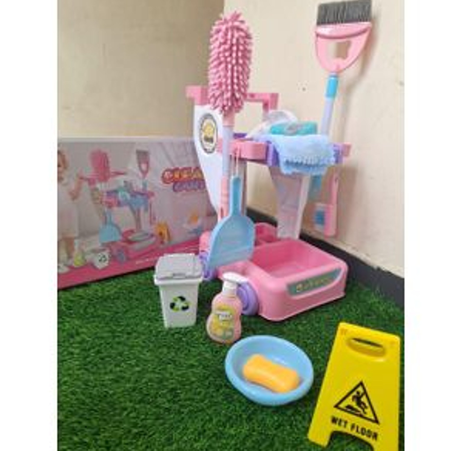 Cleaning cart set. Includes a broom, dustpan, mop, mop bucket, cleaning brush, and more Making It Fun For Kids To Play image