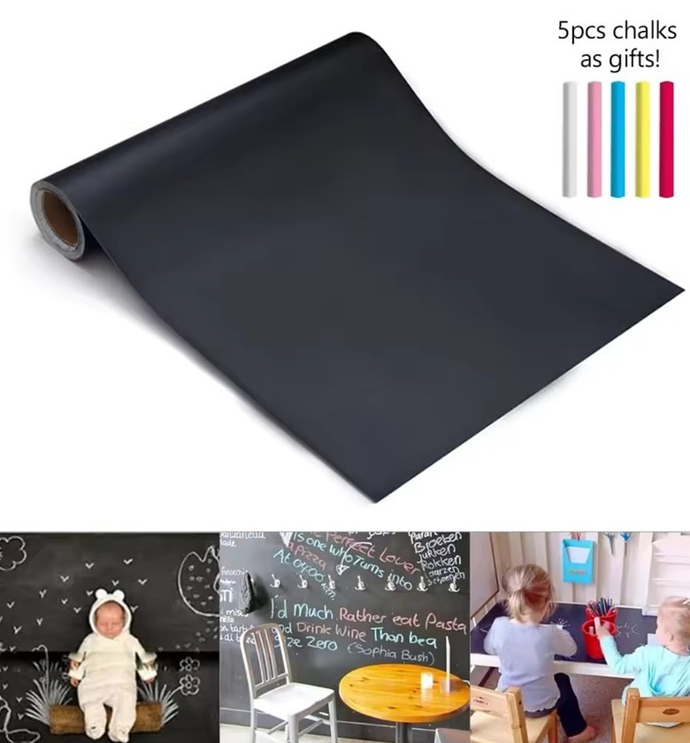 Removable Peel and Stick Blackboard Sticker Roll with 5 Free Colored Chalks - Self-Adhesive Wall Chalkboard for Home, Kids & Café image