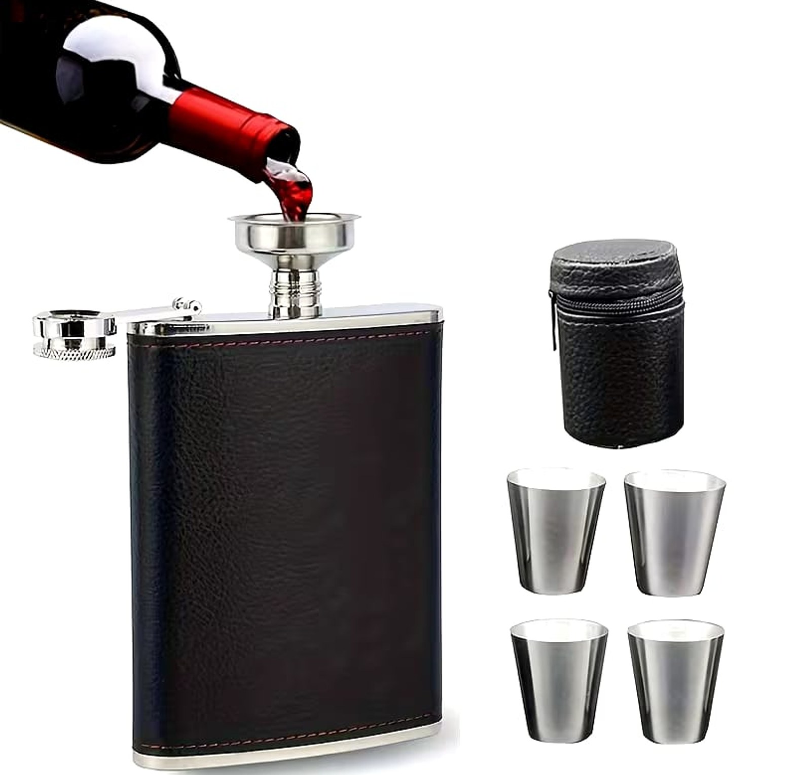 8oz Stainless Steel Hip Flask Gift Set with 4 Shot Cups & Funnel - Leak-Proof Leather Wrapped Liquor Flask for Men & Women - Nairobi, Kenya image