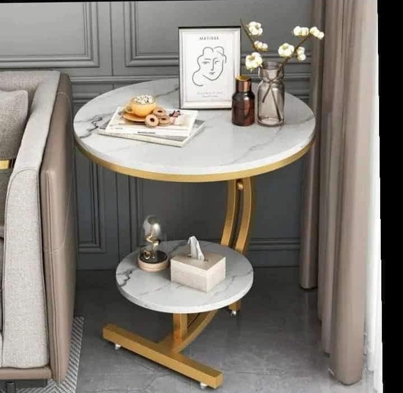 Console bedside cabinet Double layer  mdf marble Effect coffees table   image