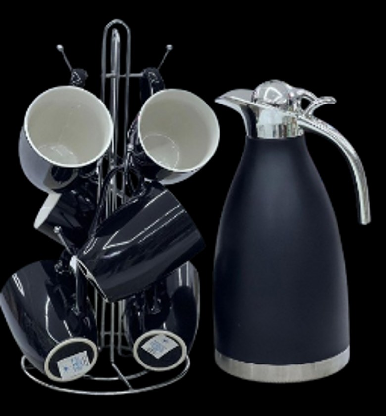 2L Vacuum Flask and 6-piece Ceramic Coffee/Tea Mug Set.  image