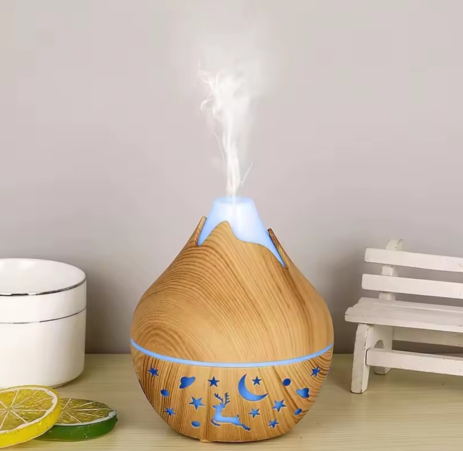 200ml Volcano Wood Grain Air Humidifier & Essential Oil Diffuser with LED Nightlight Color Changing Projector for Office Home Bedroom image