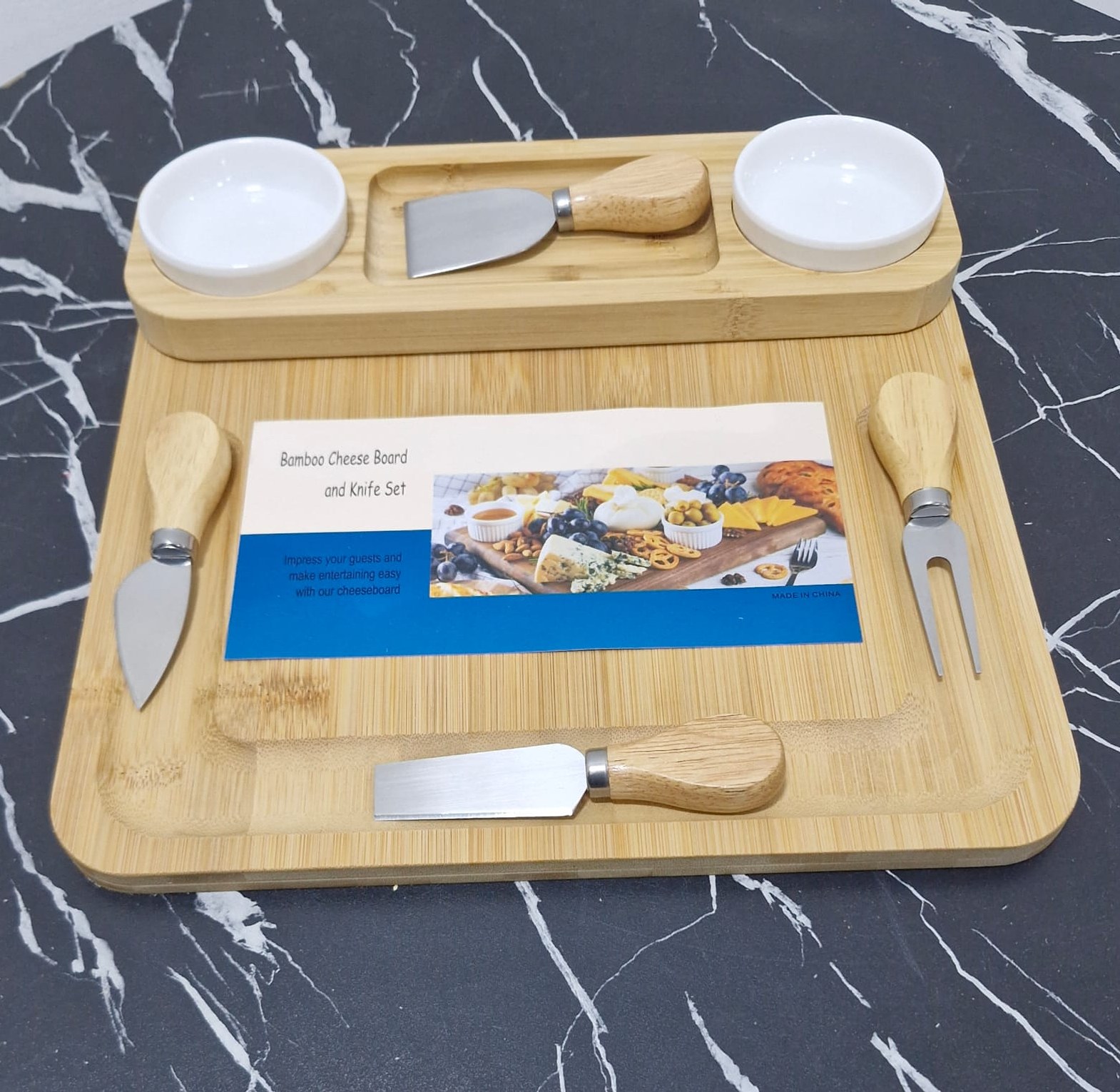 Luxury Bamboo Cheese Board & Cutlery Set with Ceramic Dip Bowls image