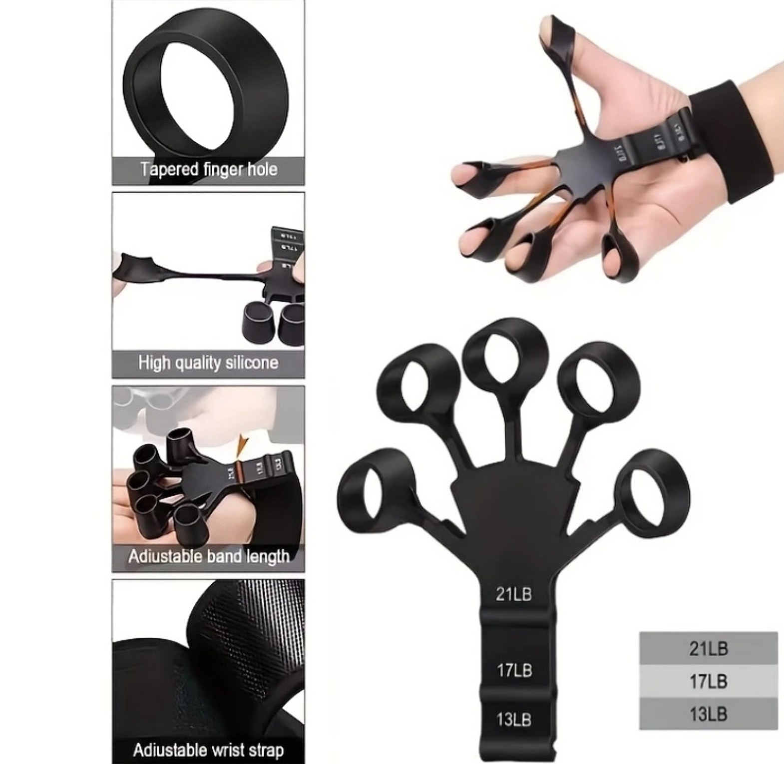 Adjustable Finger Gripper & Forearm Strength Trainer for Hand Exercise and Muscle Vascularity - Black Silicone Grip Exerciser image