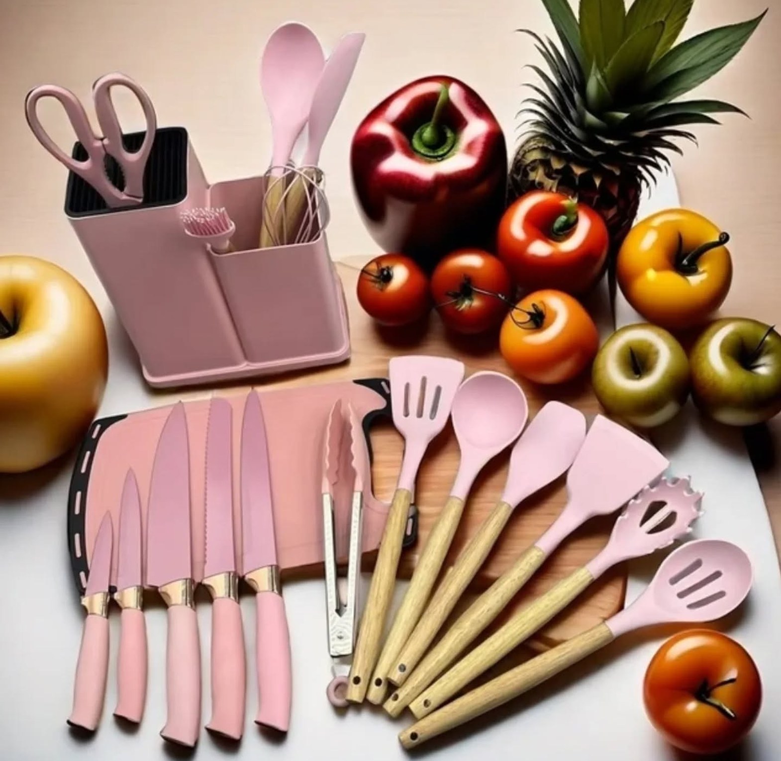 19-Piece Pink Silicone Utensil, Knife, and Holder Kitchen Set image