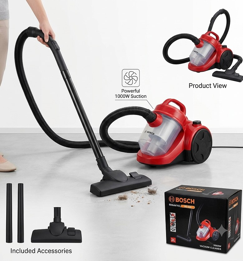 Bosch 3000W Heavy Duty Canister Vacuum Cleaner BS-925, 2L Bagless Dust Collector – Powerful Home & Car Cleaning image