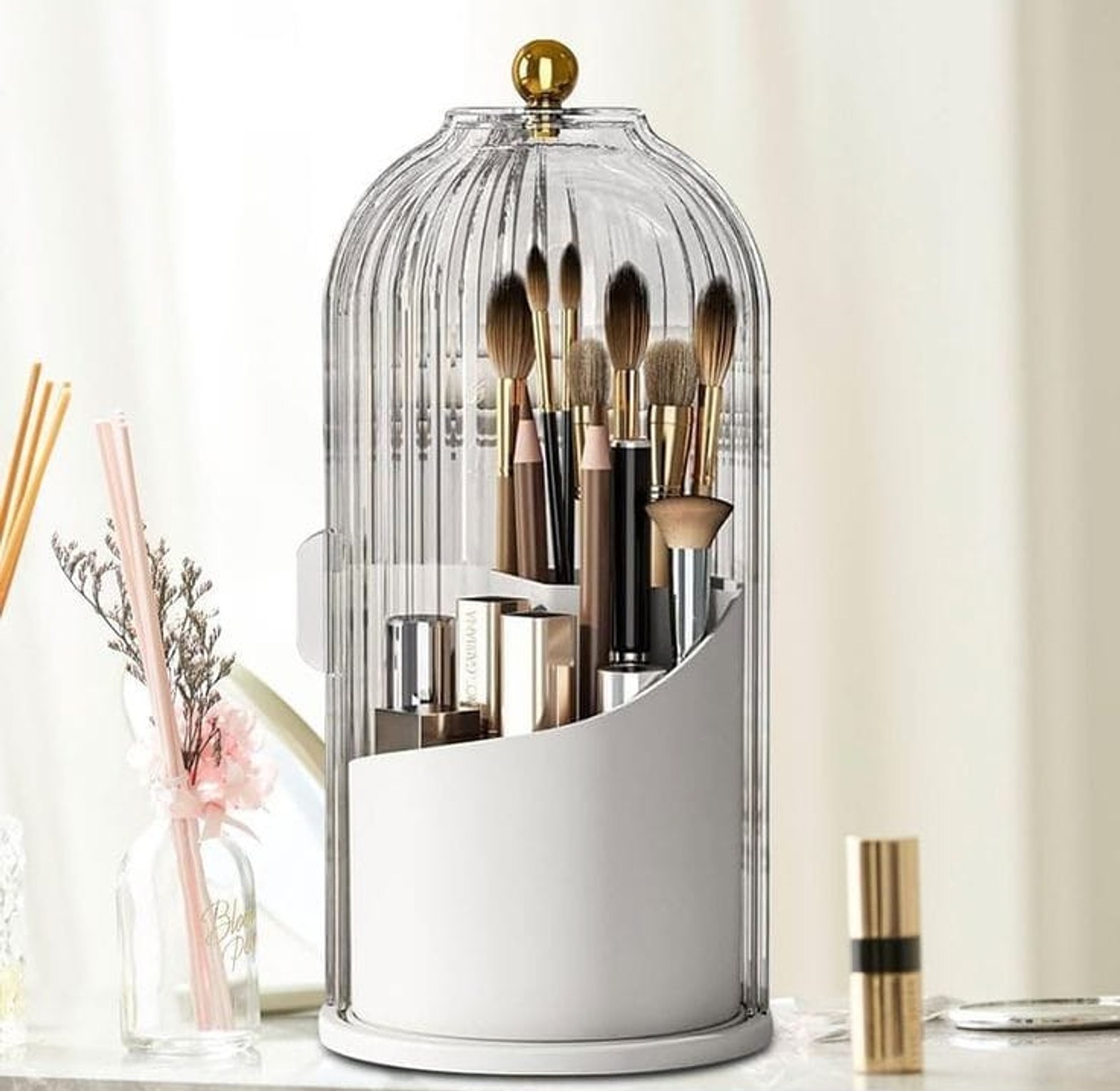 3-Tier Rotating Makeup Brush Organizer with Dust-Proof Transparent Lid image
