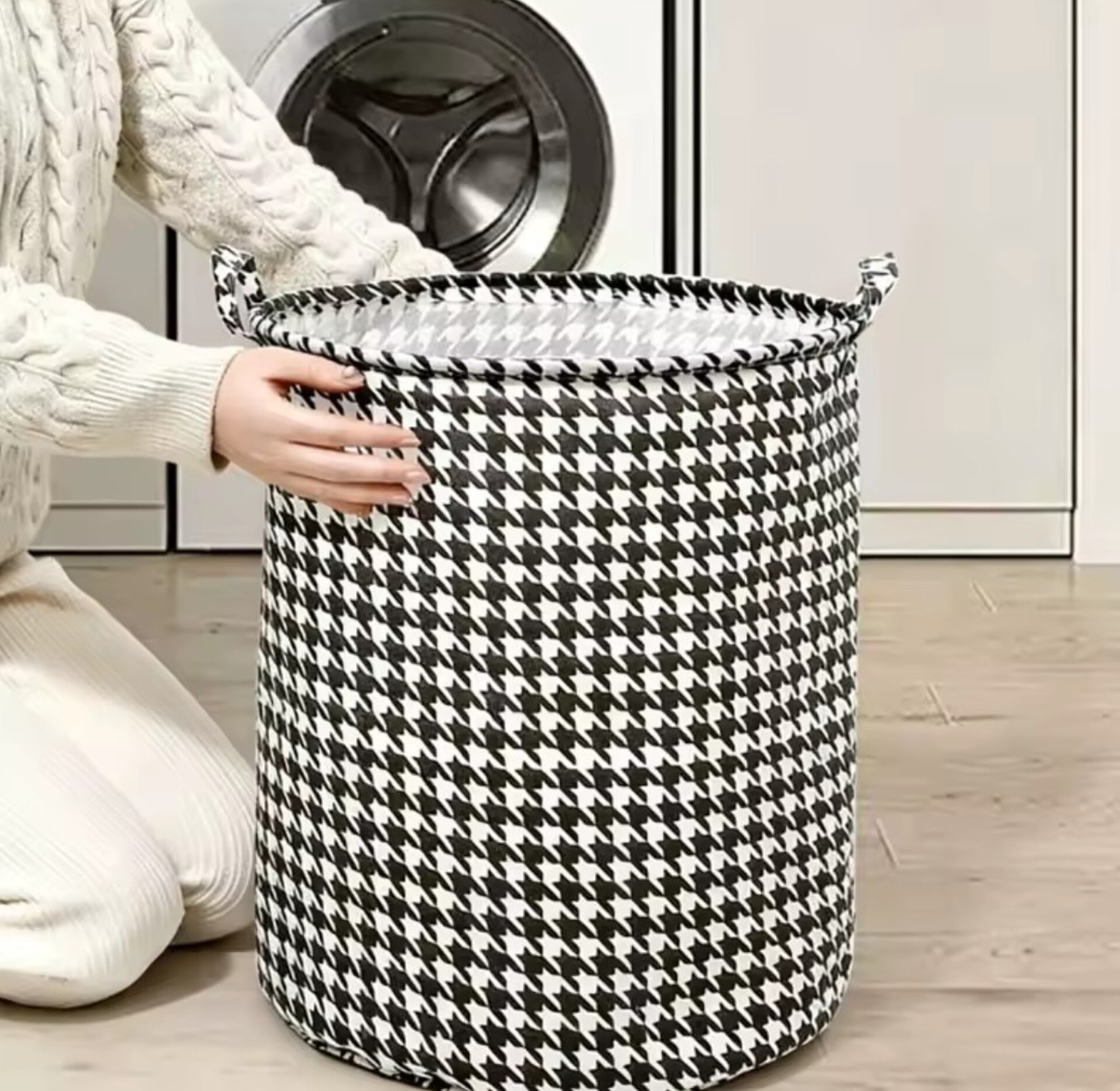 Foldable Aesthetic Laundry Basket & Houndstooth Toy Storage Organizer Hamper for Modern Homes image