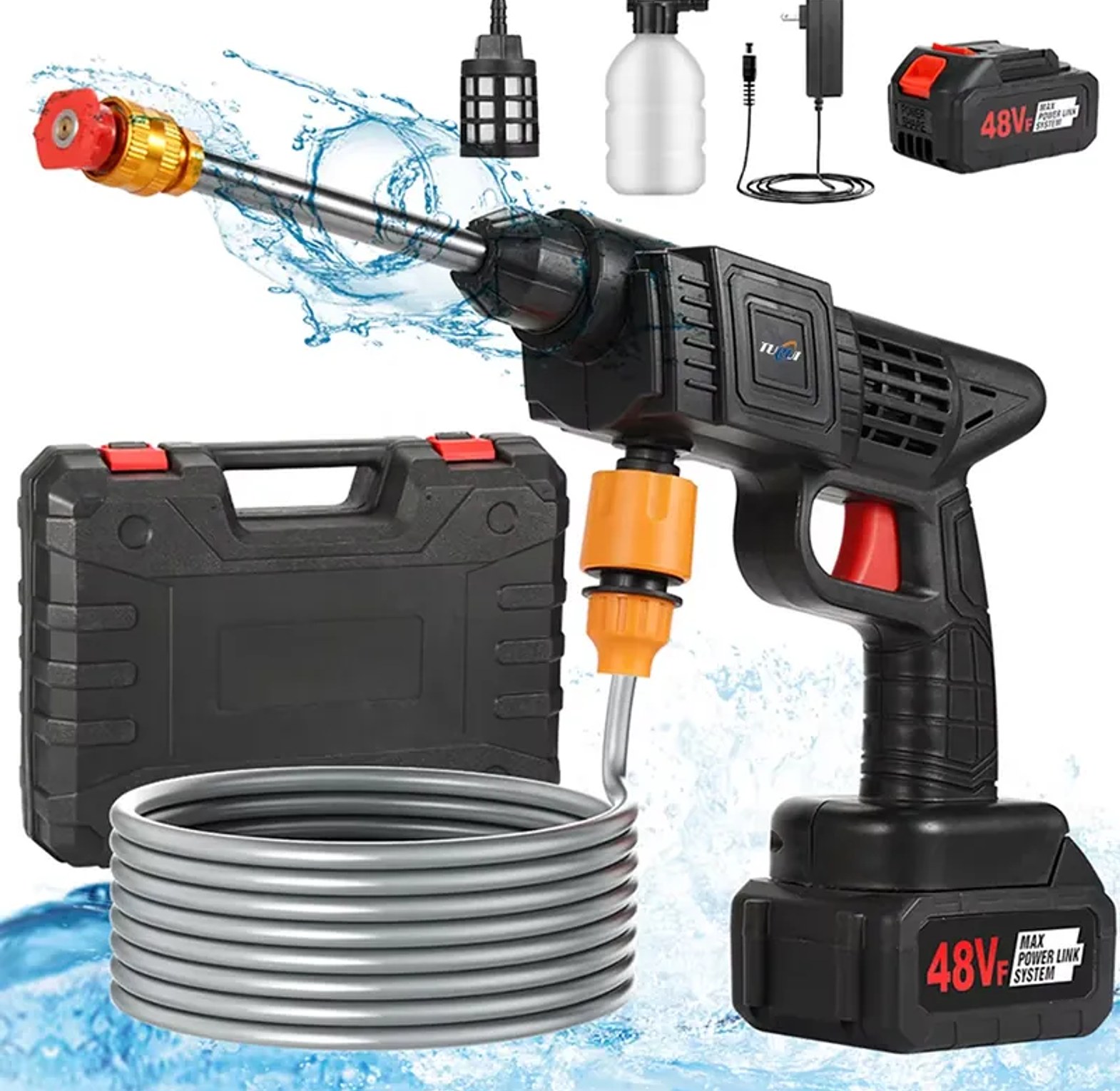 Portable Cordless High Pressure Car Washer Gun with 2x 96VF Rechargeable Batteries and Carry Case - Heavy Duty Jet Wash  image
