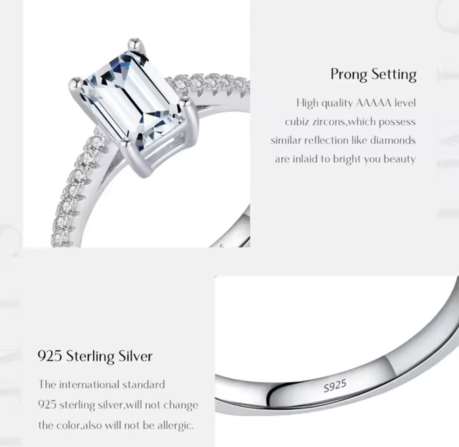 Emerald Cut Sterling Silver Cubic Zirconia Engagement Proposal Promise Ring  image