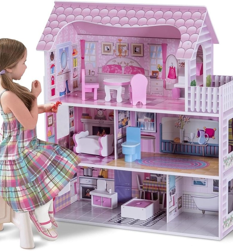 28-inch pink dollhouse with furniture.  image