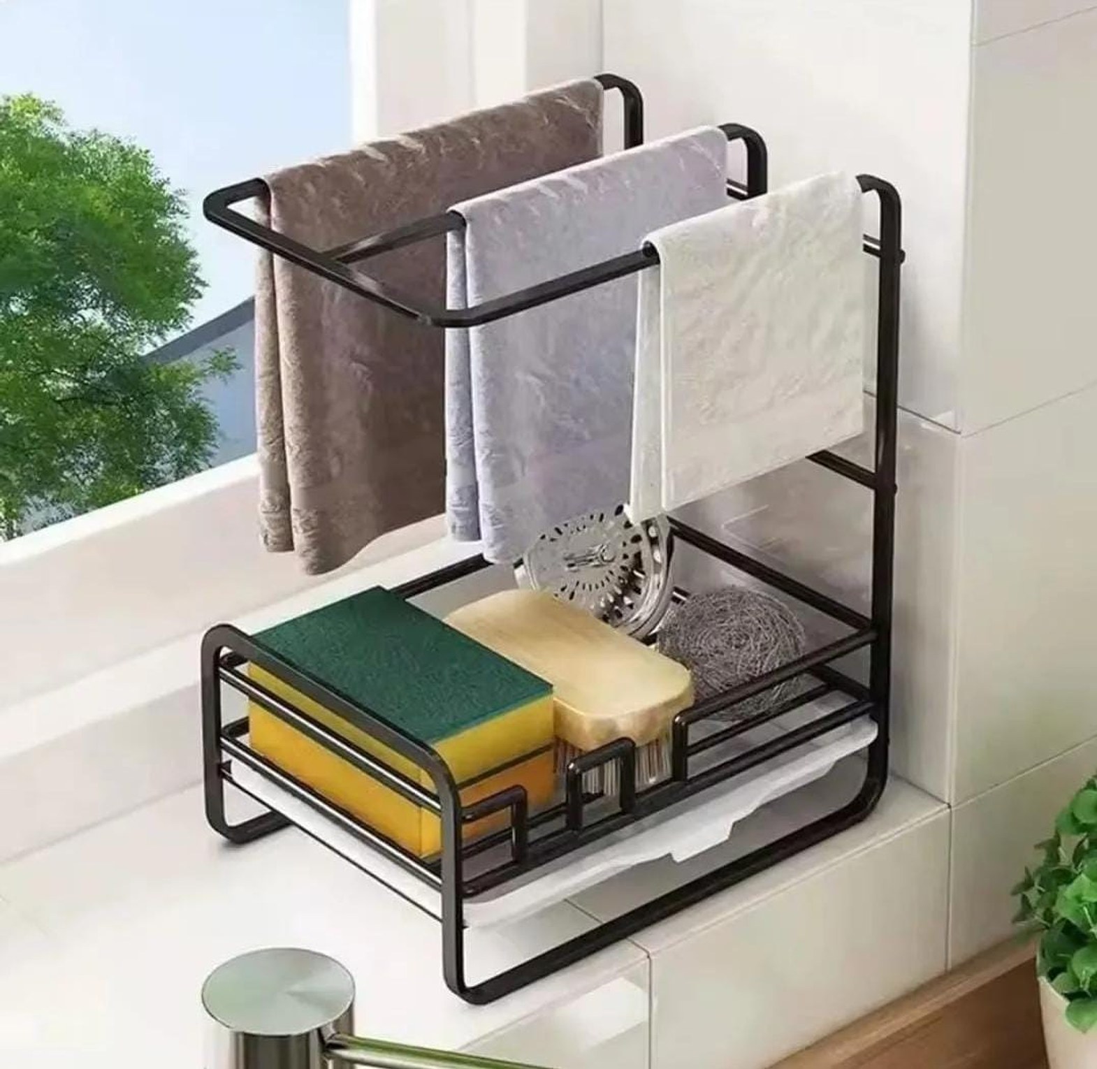 Black Metallic Sink Caddy with Draining Tray image