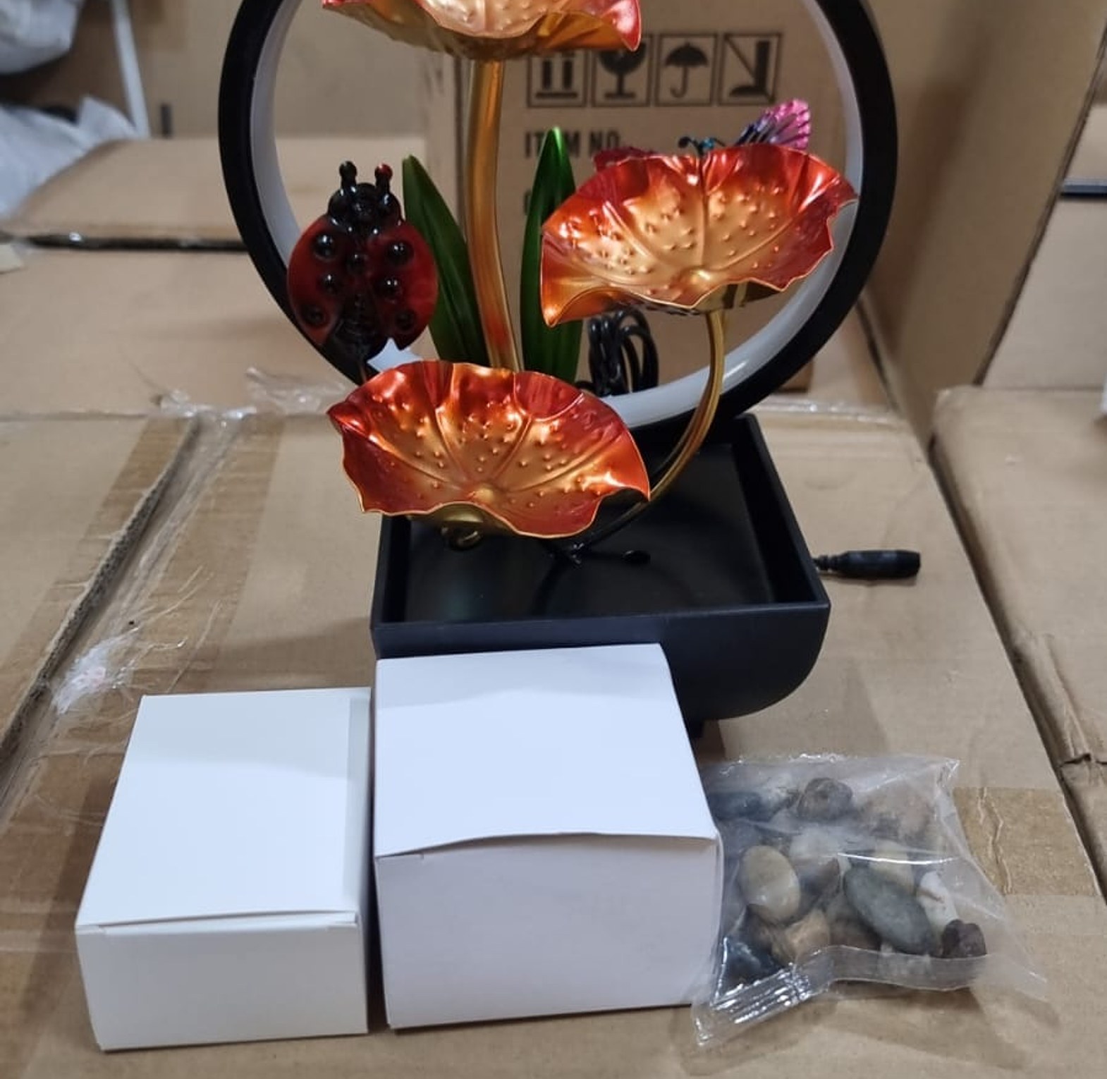 3-Tier LED Lotus Flower Tabletop Water Fountain with Natural River Stones & Ambient Ring Light - Zen Indoor Waterfall Decor image