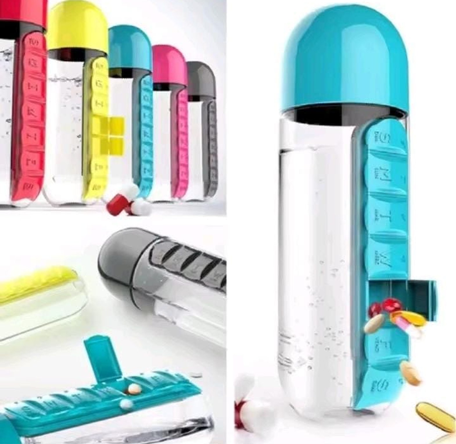 600ml Bottle With 7 Grid Pill or Medicine Box and Organizer image