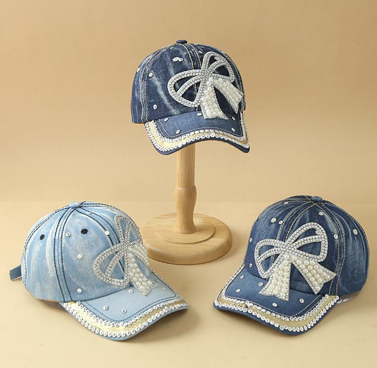 Women’s Bow Pearl Diamond Denim Baseball Cap image