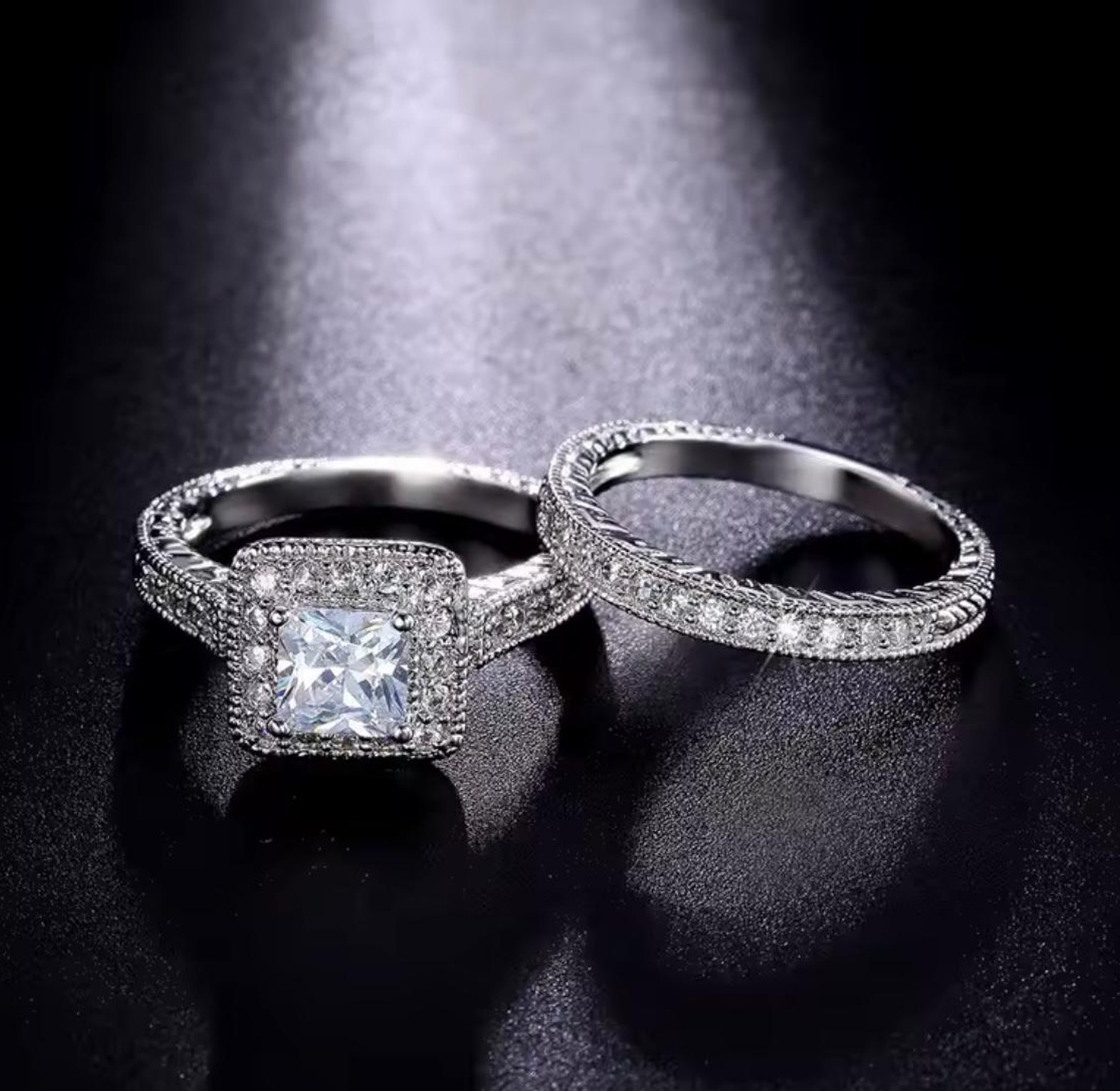 Brilliant Halo Pure Silver Double Ring Set image