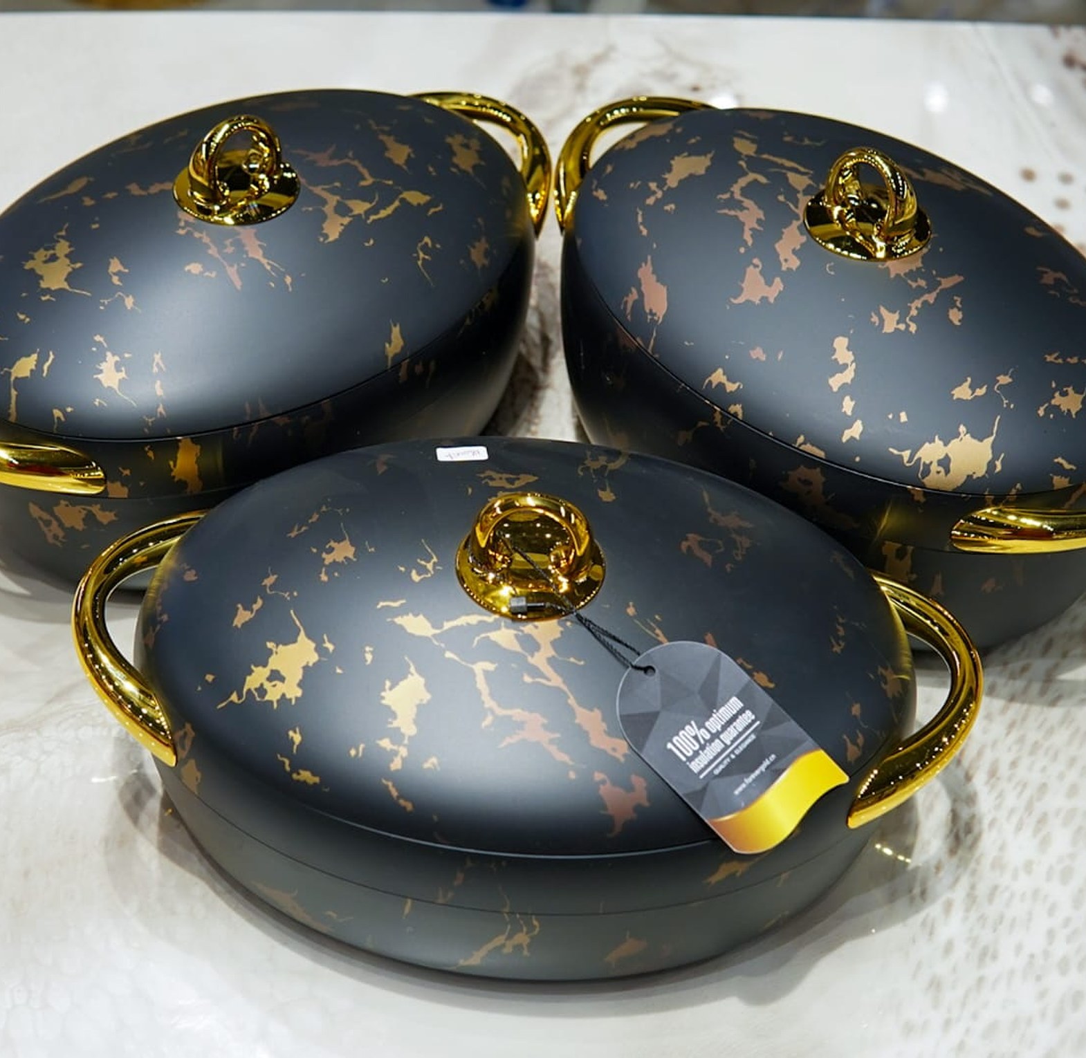 Oval Luxurious Forever Gold Marble Insulated Hotpots – 3-Piece Set image
