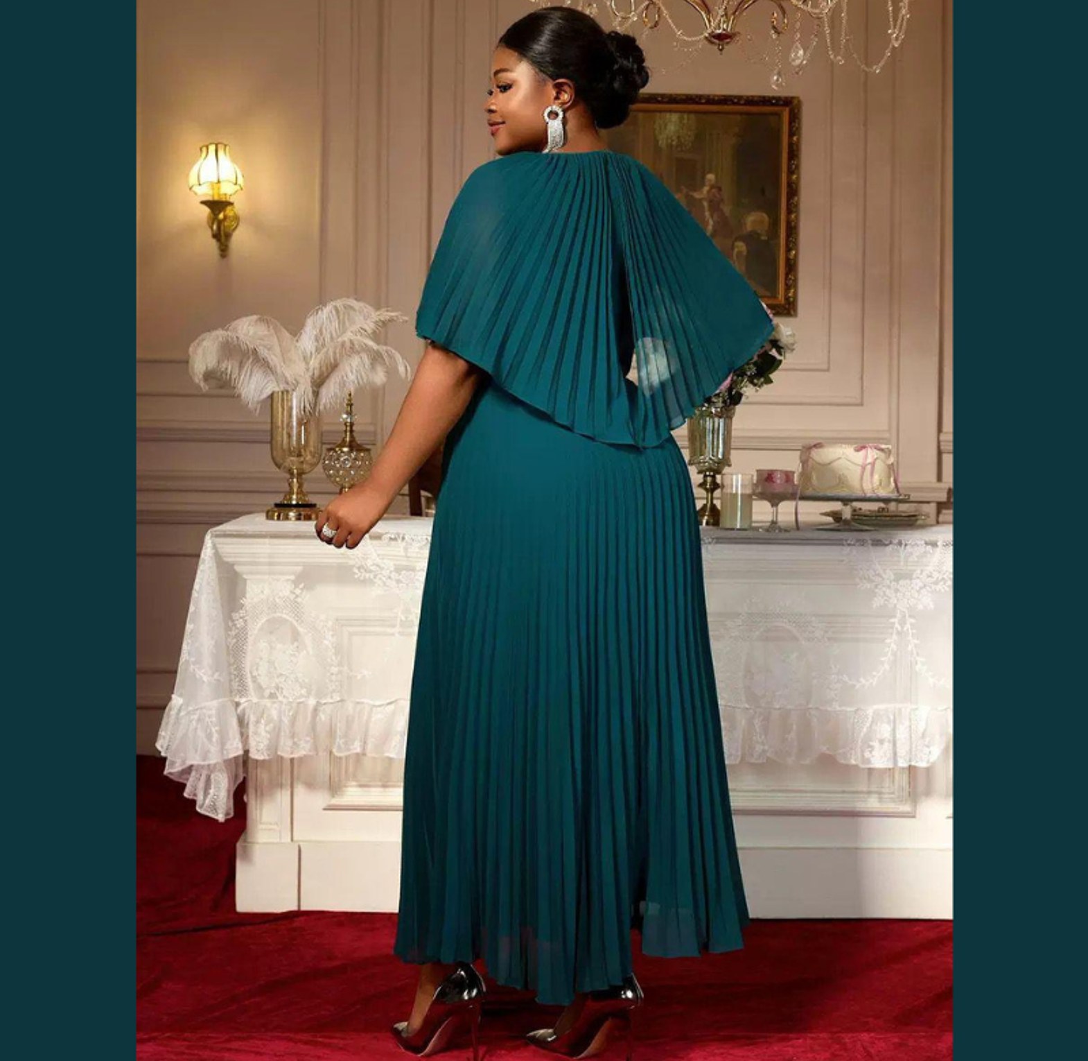 Emerald Cascade Pleated Chiffon Dress image