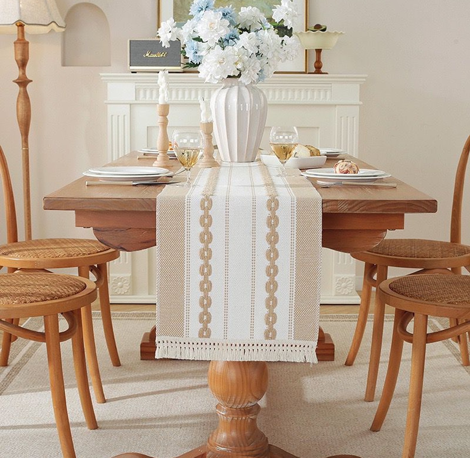 Modern Simple Tassel Cotton Linen Table Runner 9pcs image