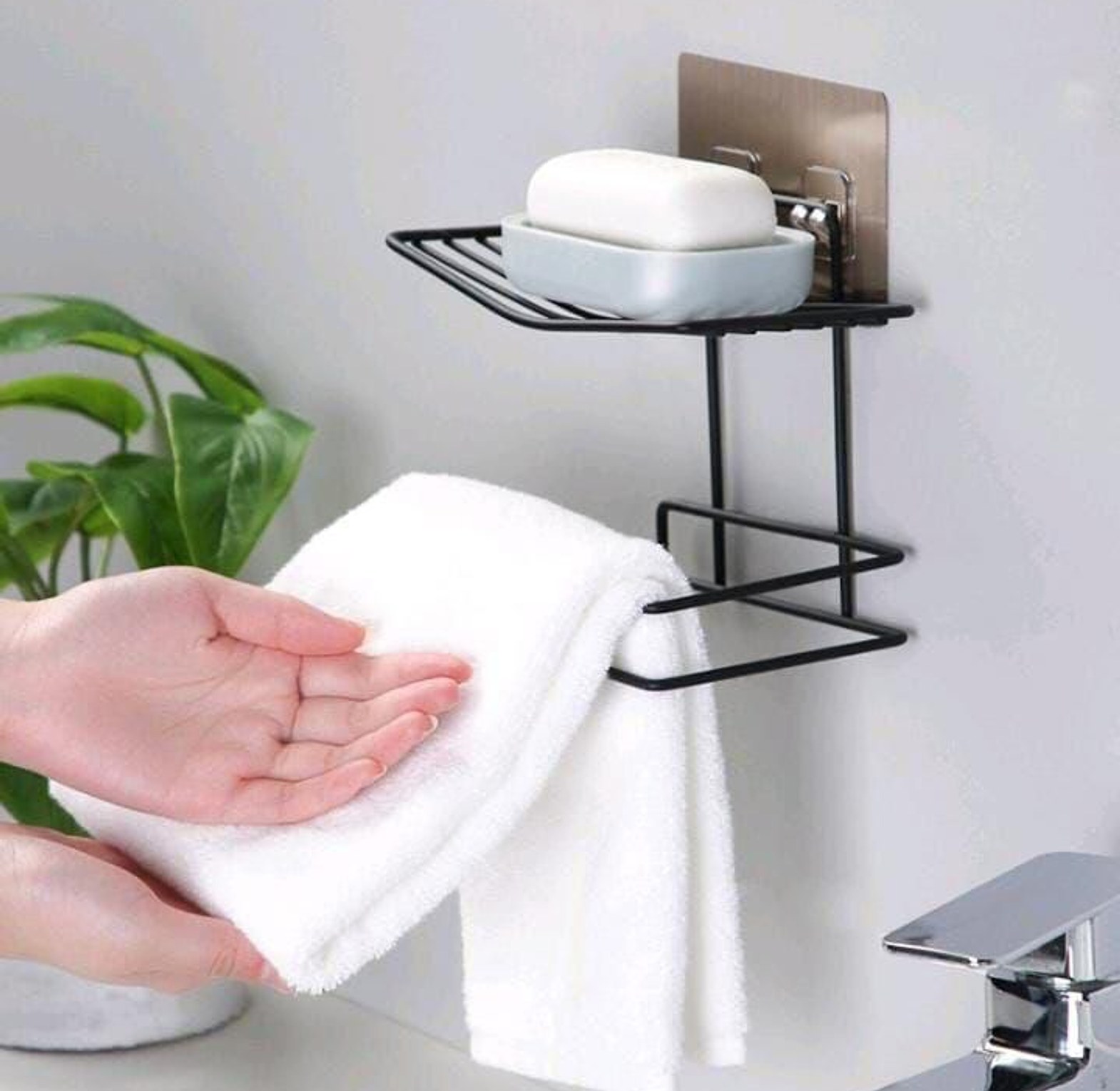 Adhesive Toilet Paper Holder with Phone Storage Shelf Wall Mounted No-Drill Metal Bathroom Organizer Rack image