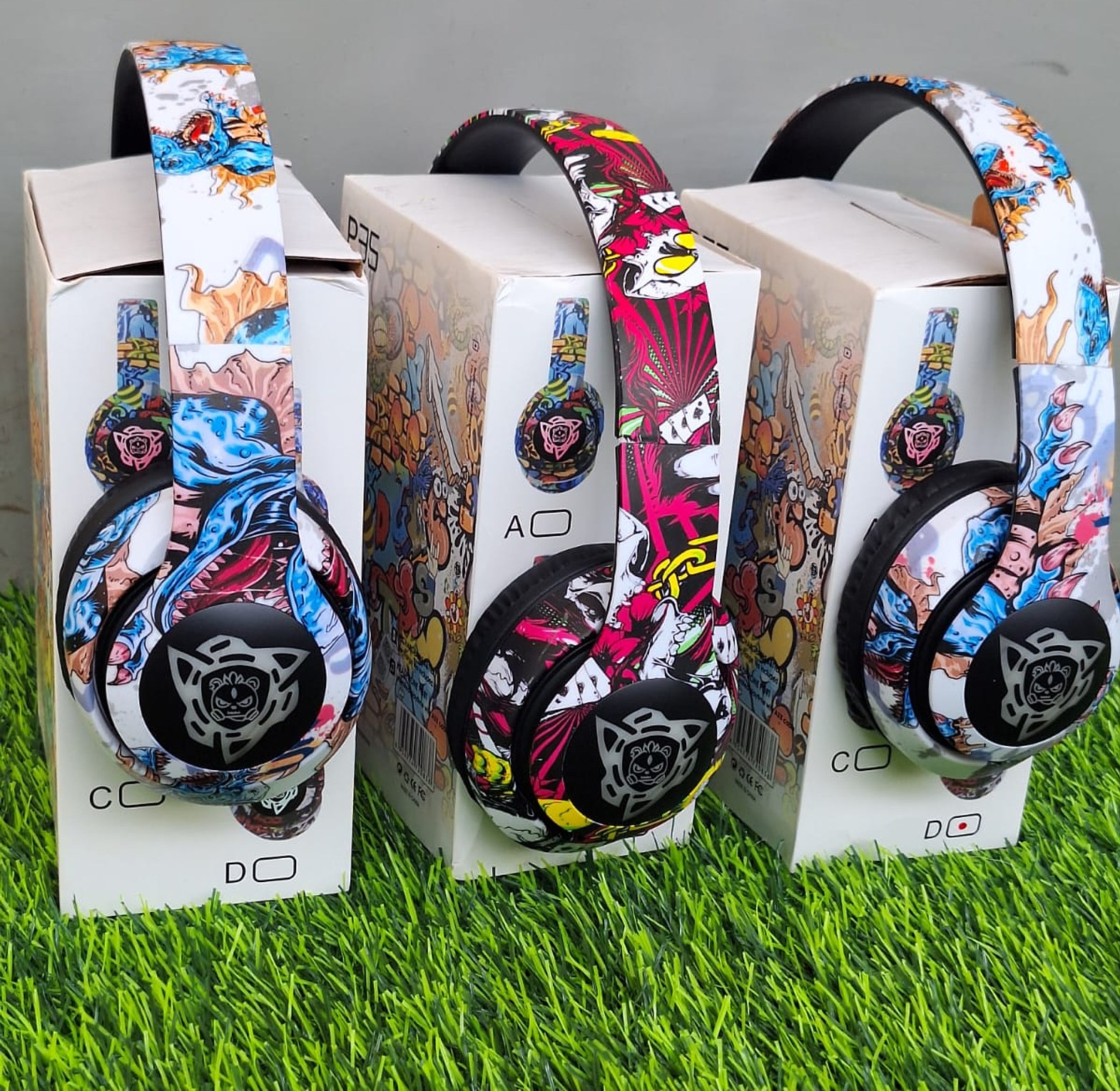 Headphones. Graffiti-designed wireless headphones, likely intended for kids or teens image