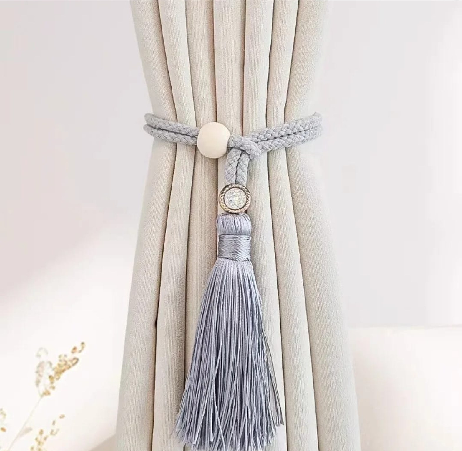 2 Bohemian fashion adjustable cotton cord curtain straps with rhinestone curtain buckles image