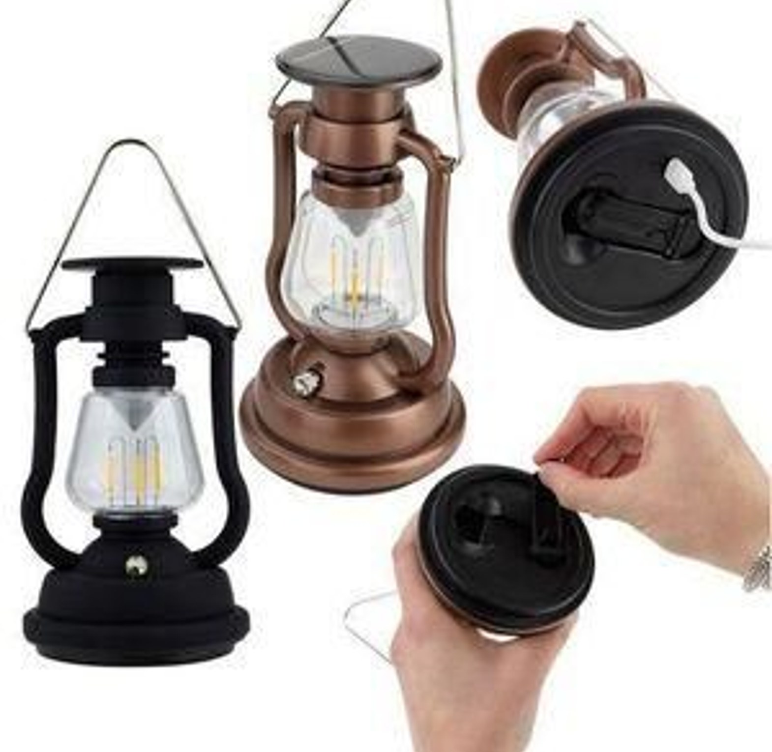 Retro lantern super bright rechargeable LED solar camp light with a Hand Crank image