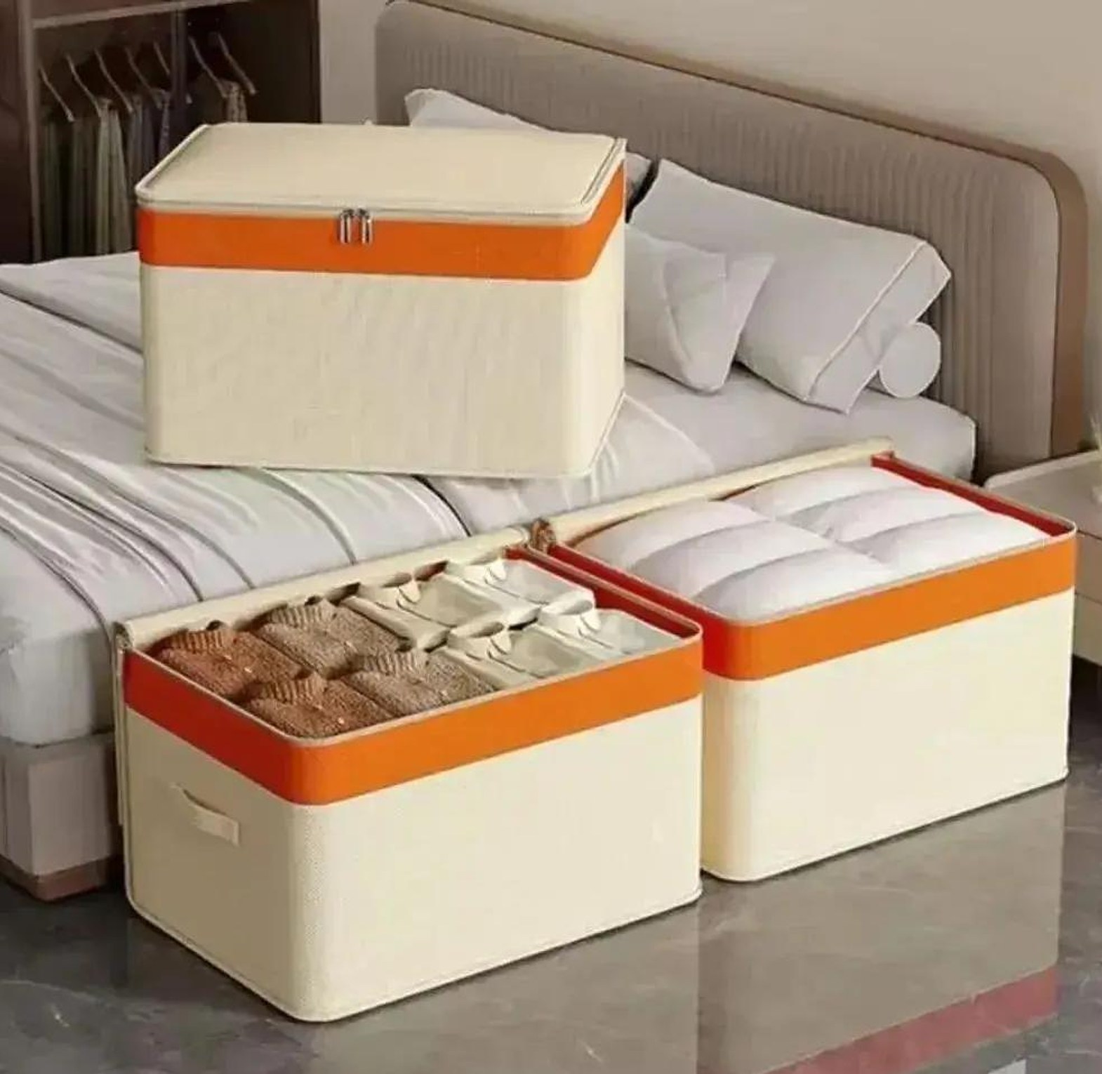 Canvas material duvet /clothing storage organizer Foldable with zipper image