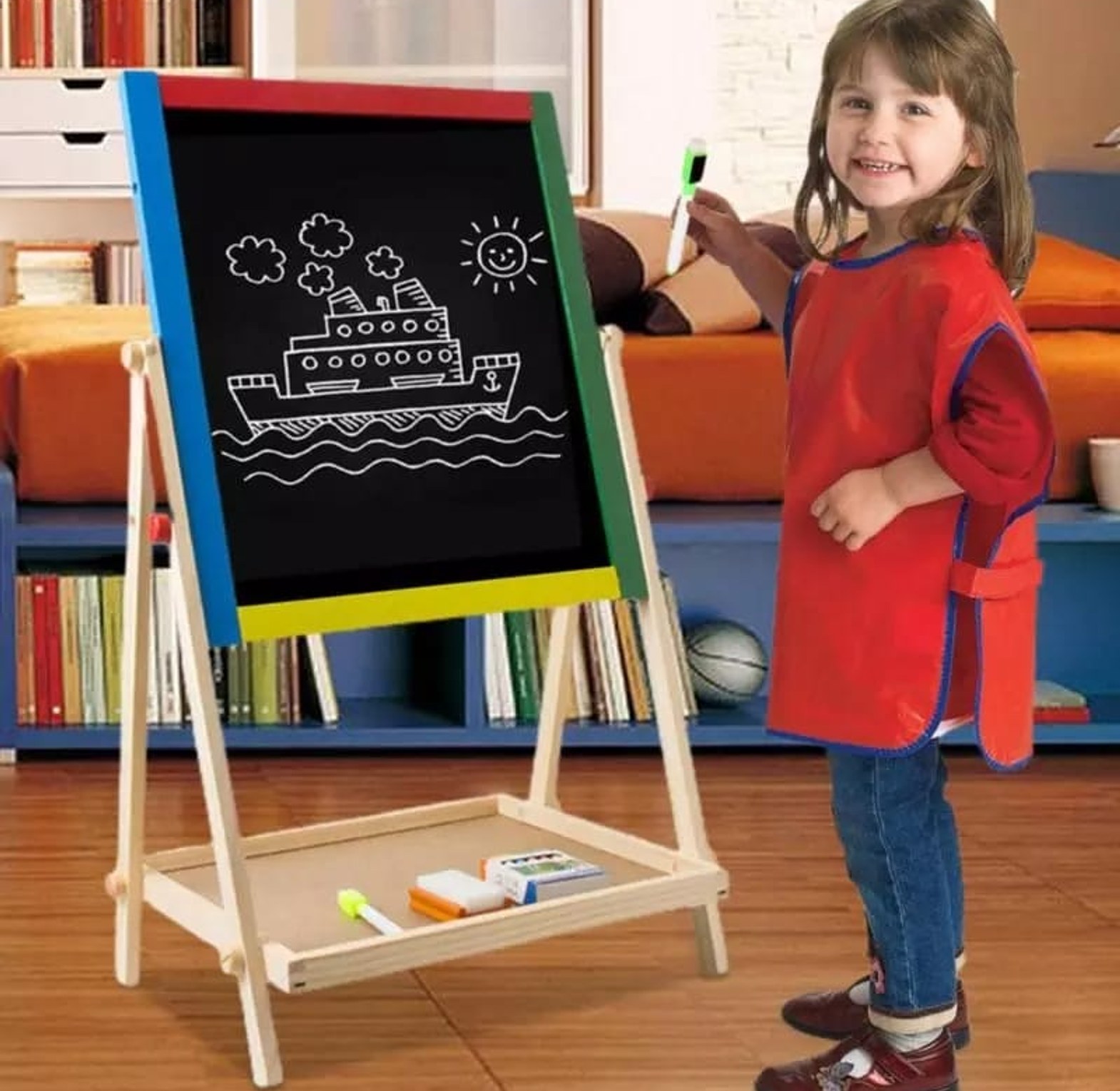 Children Wooden 2 In 1 Blackboard Magnetic Whiteboard Double-Sided Drawing Writing Education Board Easel.  image